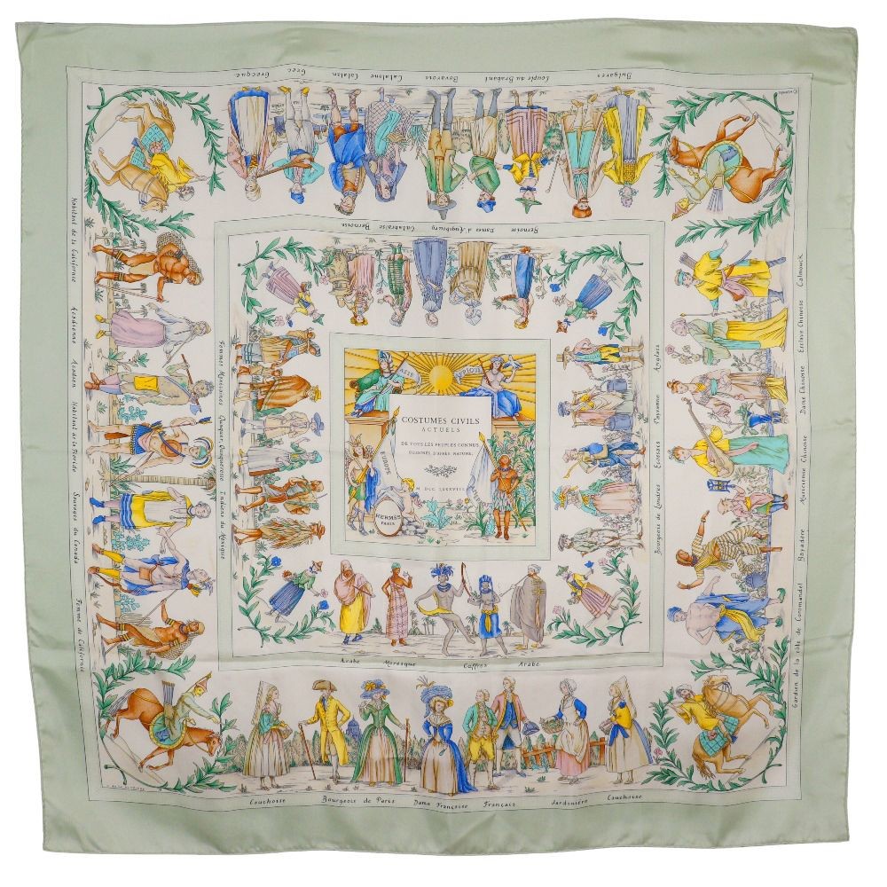 HERMES Carre 90 Silk Green White COSTUMES CIVILS ACTUELS Scarf Excellent
