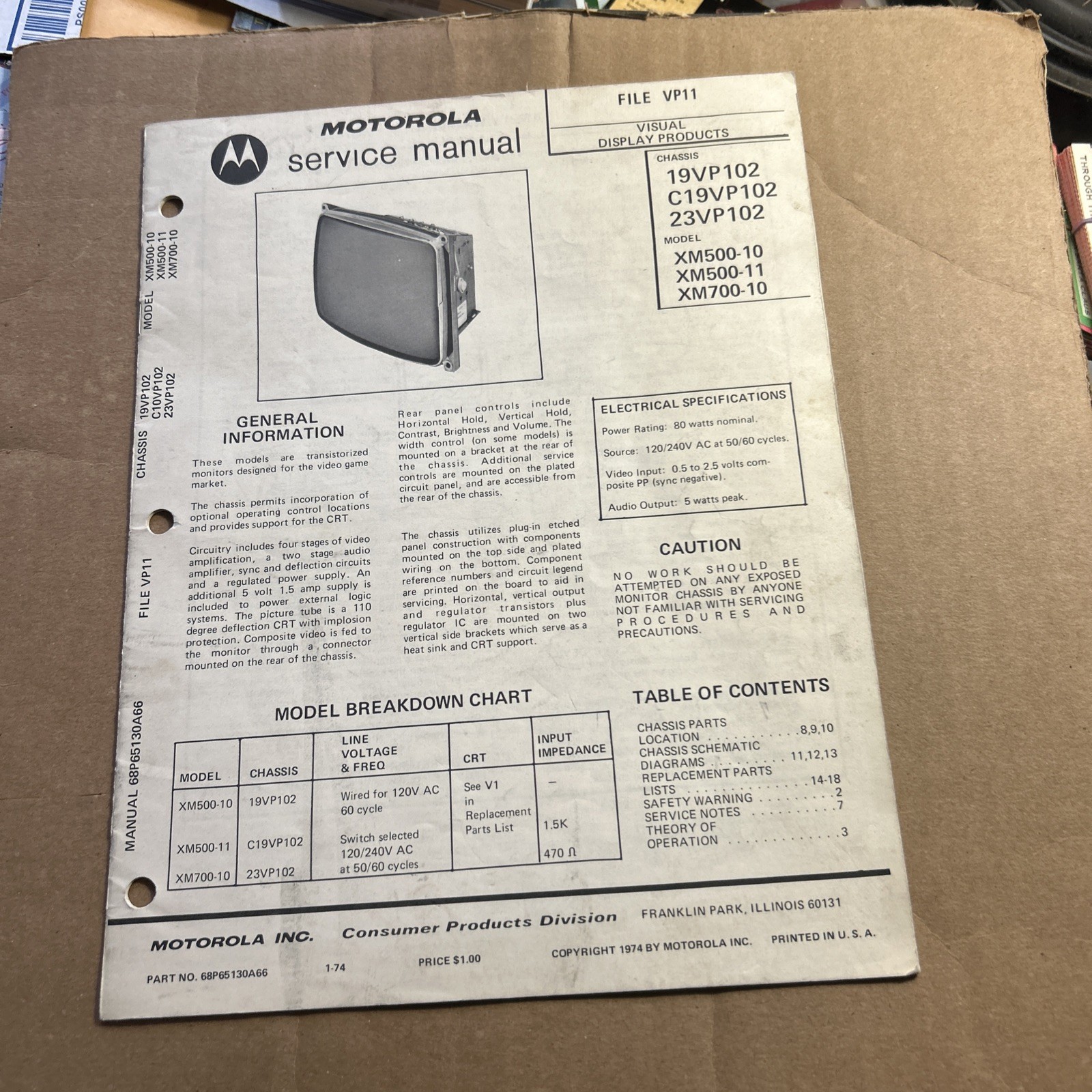 Motorola 19 VP102  Xm500–10 Monitor arcade game owners manual