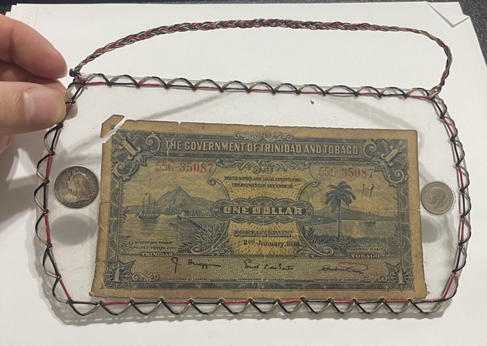 Trinidad & Tobago - 1939 One Dollar Banknote + 2 Silver Coins in Acrylic Holder