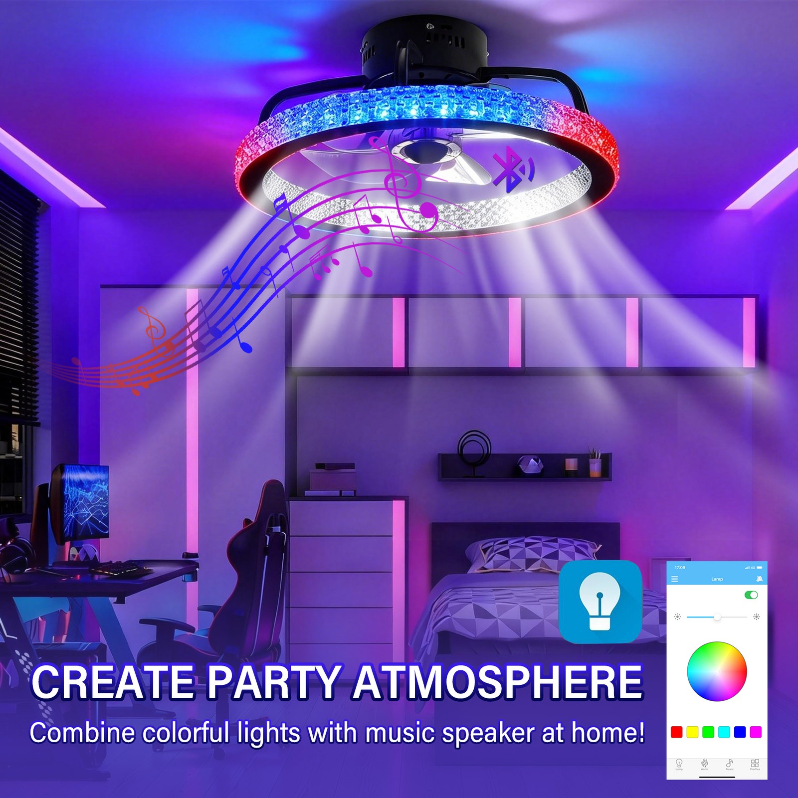 TCFUNDY RGB LED Ceiling Fan with Light App + Remote Control + Bluetooth Speaker