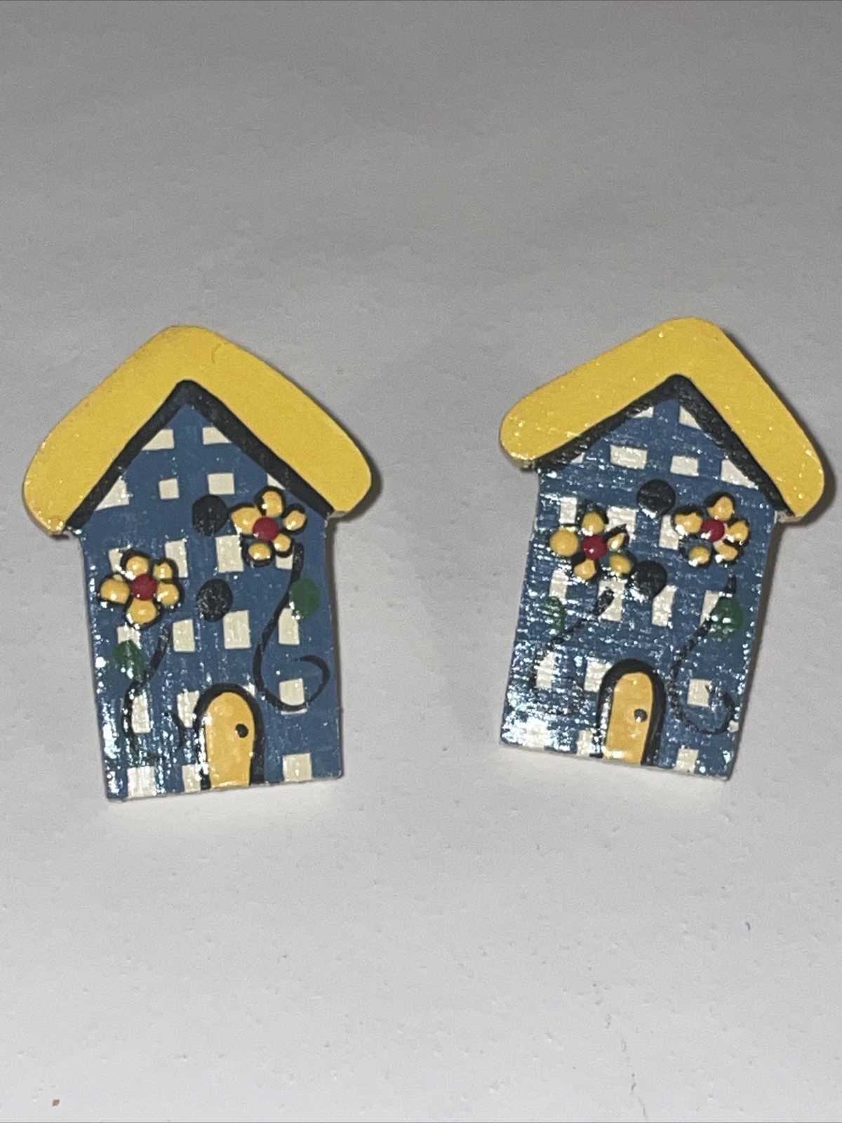Vintage Little Yellow & Blue Flower House Earrings Pierced Painted Wood Handmade