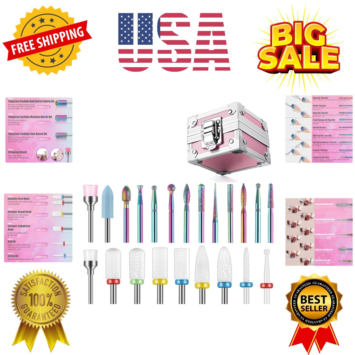 21Pcs Nail Drill Bits Set with Portable Pink Case, 3/32 Inch Drill Bits for N...
