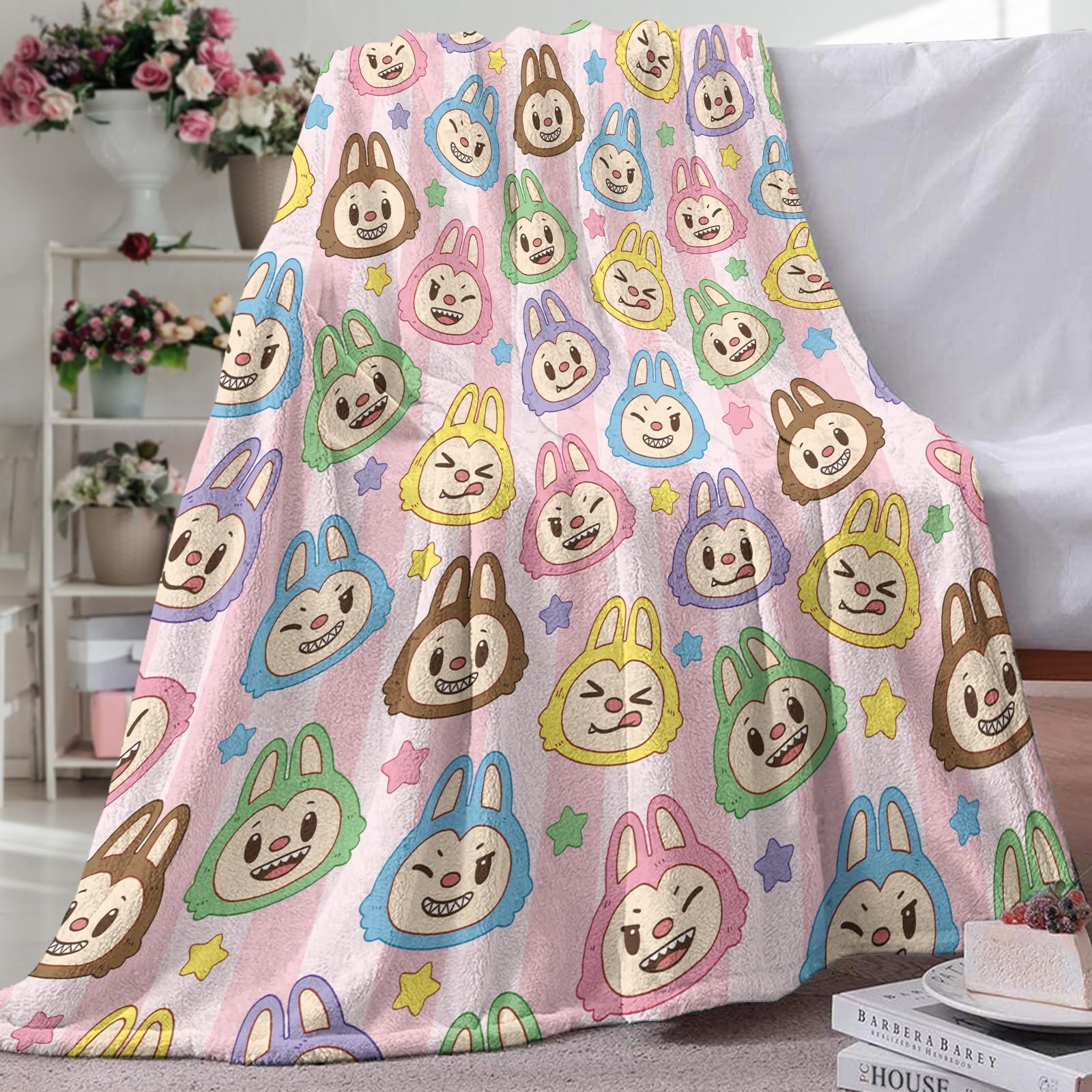 Cute Macaron Flannel Throw Blanket, Monster Stars Birthday Gifts for Men Wome...