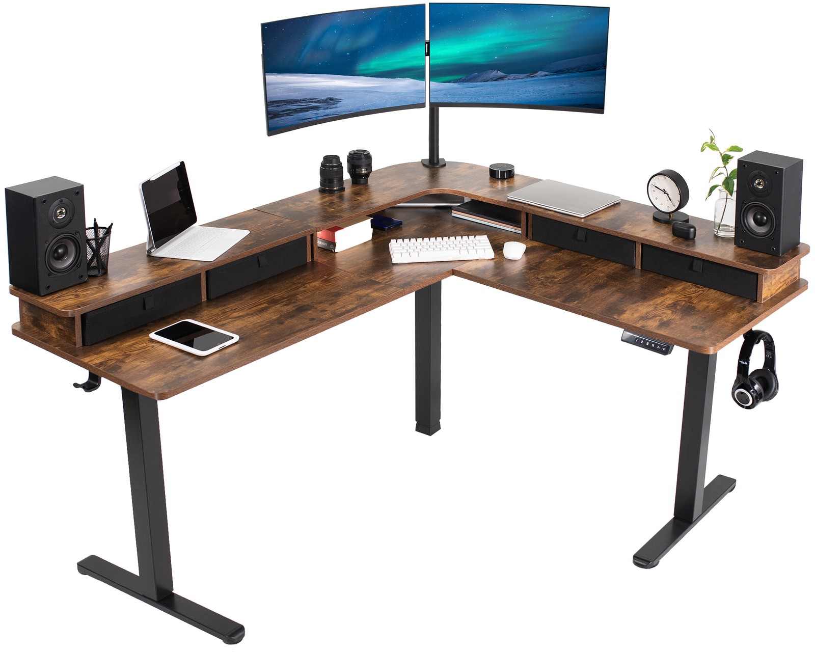 VIVO 2-Tier Electric 63" x 55" Corner Desk, Vintage Brown Table Top, Black Frame