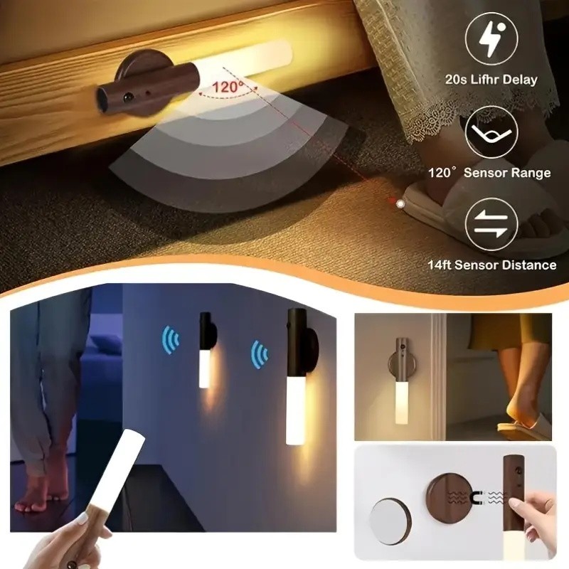 2 Pack Motion Sensor LED Night Light Lights USB Rechargeable Magnetic Wall Lamps