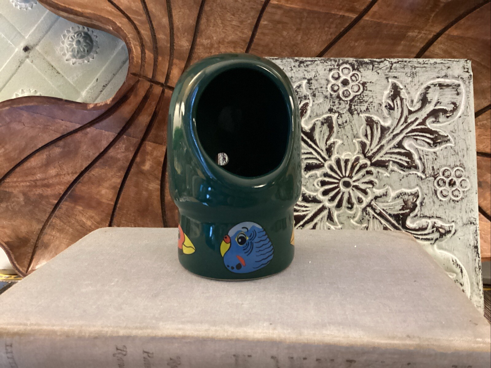 Ceramic Bird Water Feeder?  Hooded Ceramic Budgie Bird Green 4 1/4”  Super Pet