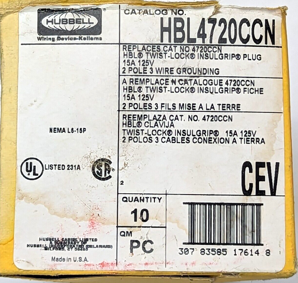 Lot of 5 HUBBELL HBL4720CCN PLUG 15AMP 2POLE 3WIRE 125VAC NYLON SLOT SCREW