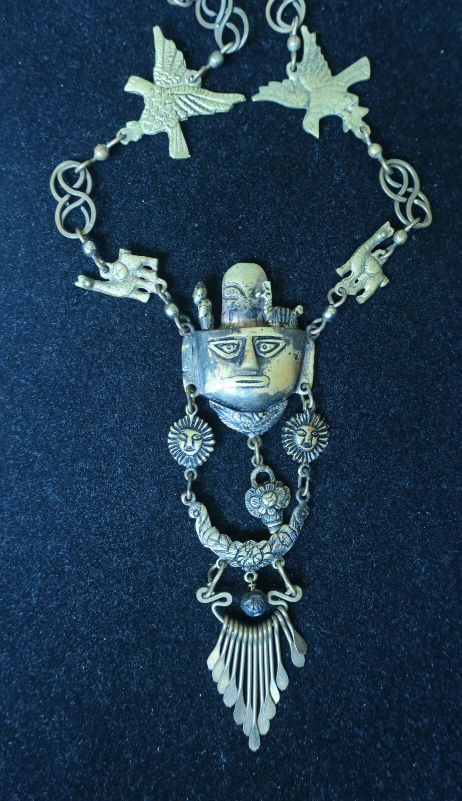 Vintage Peruvian Inca Warrior Sun Llamas and Eagles  Necklace Cast of Bronze Old