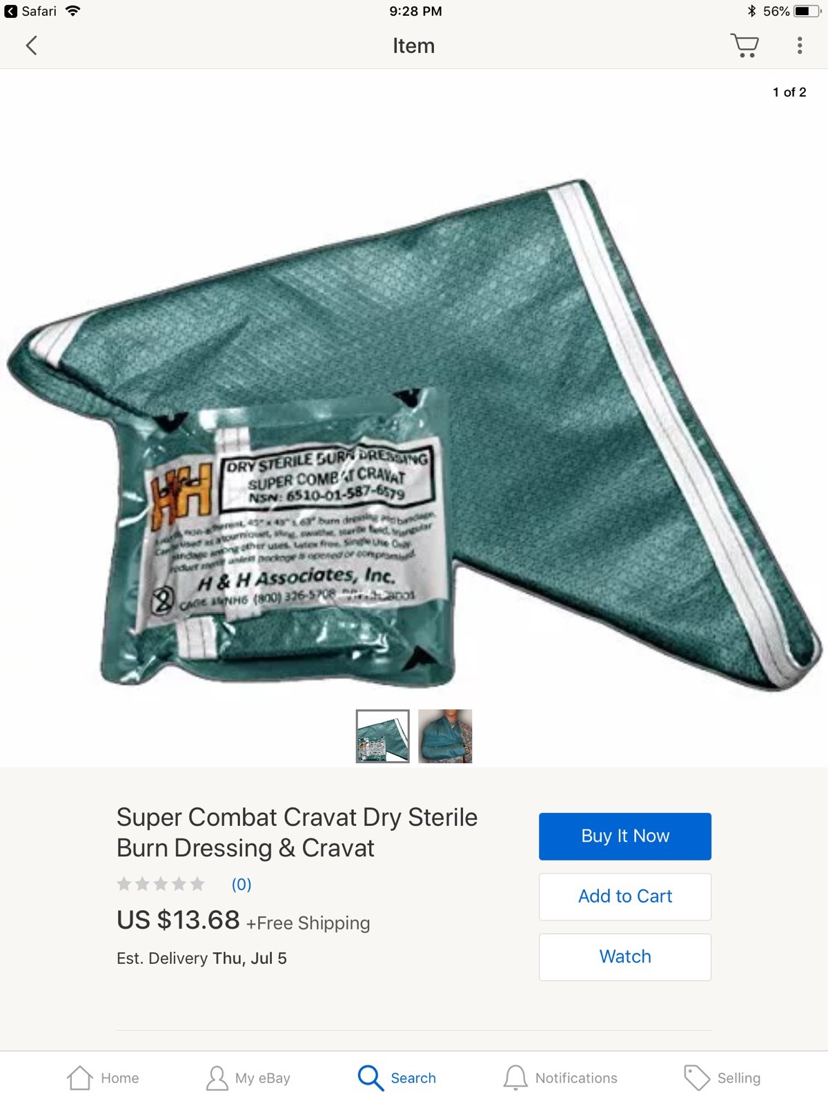 H&H Dry Sterile Burn Dressing, Super Combat Cravat