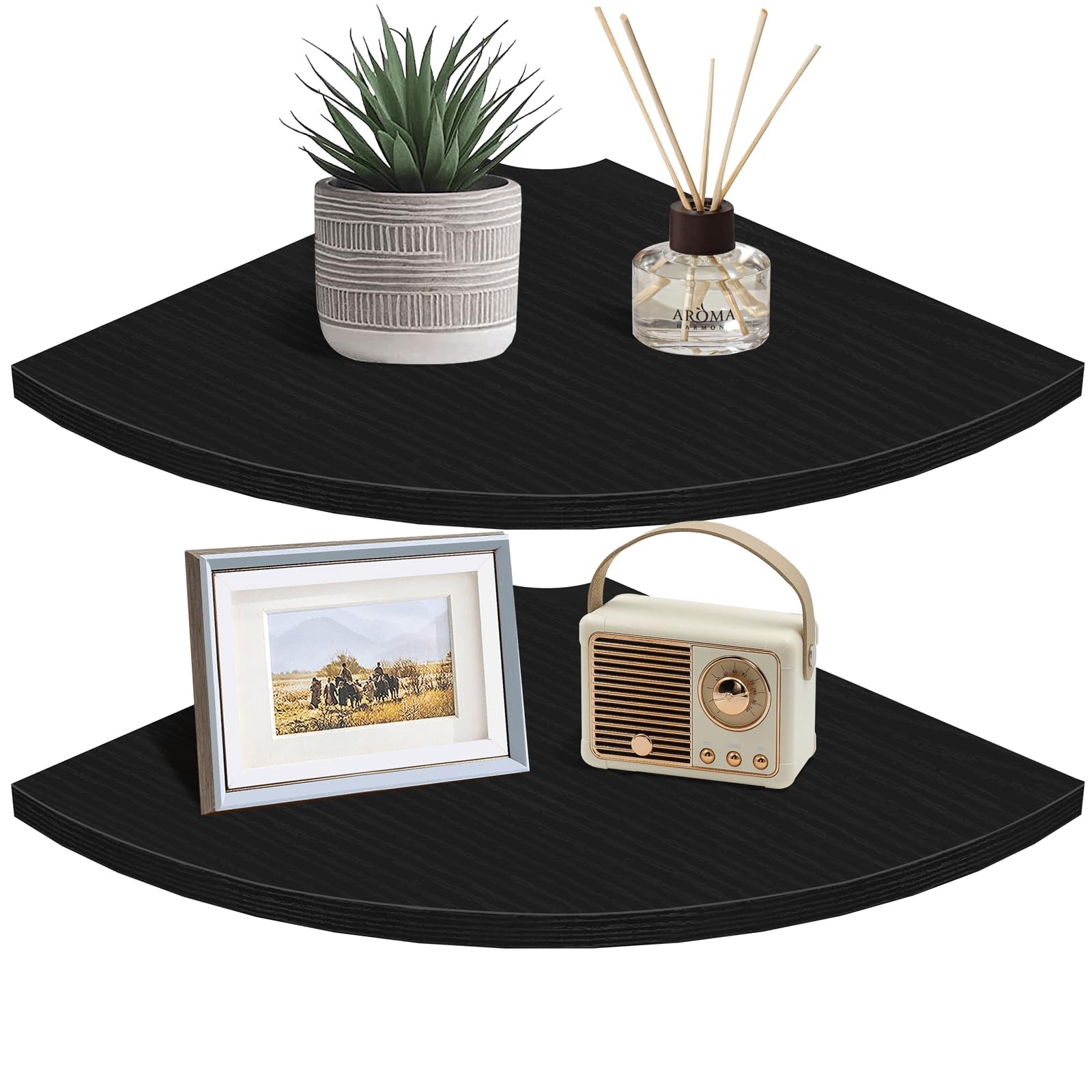 2-Tier 12-inch Deep Black Corner Floating Shelves with Cord Hole for Wall