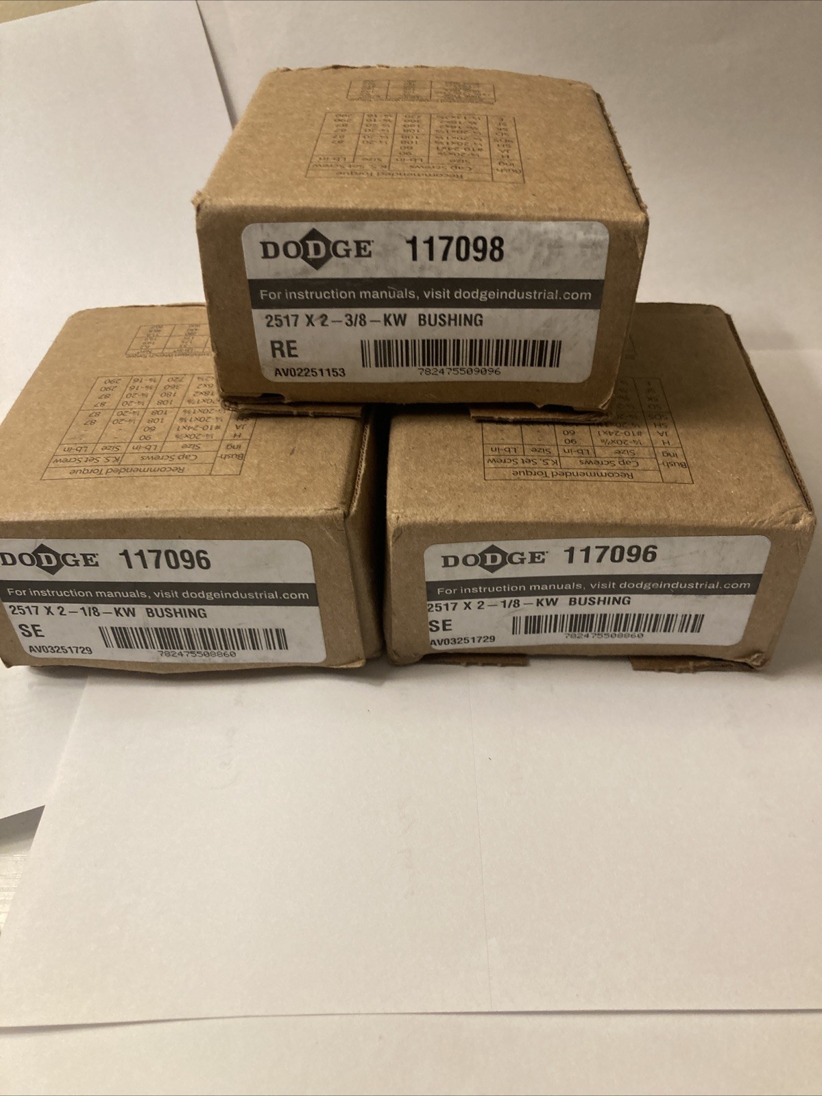 Dodge 2517 X 2-1/8 KW Taper Lock Bushing 117096 [Lot of 2], 2517 X 2-3/8 117098