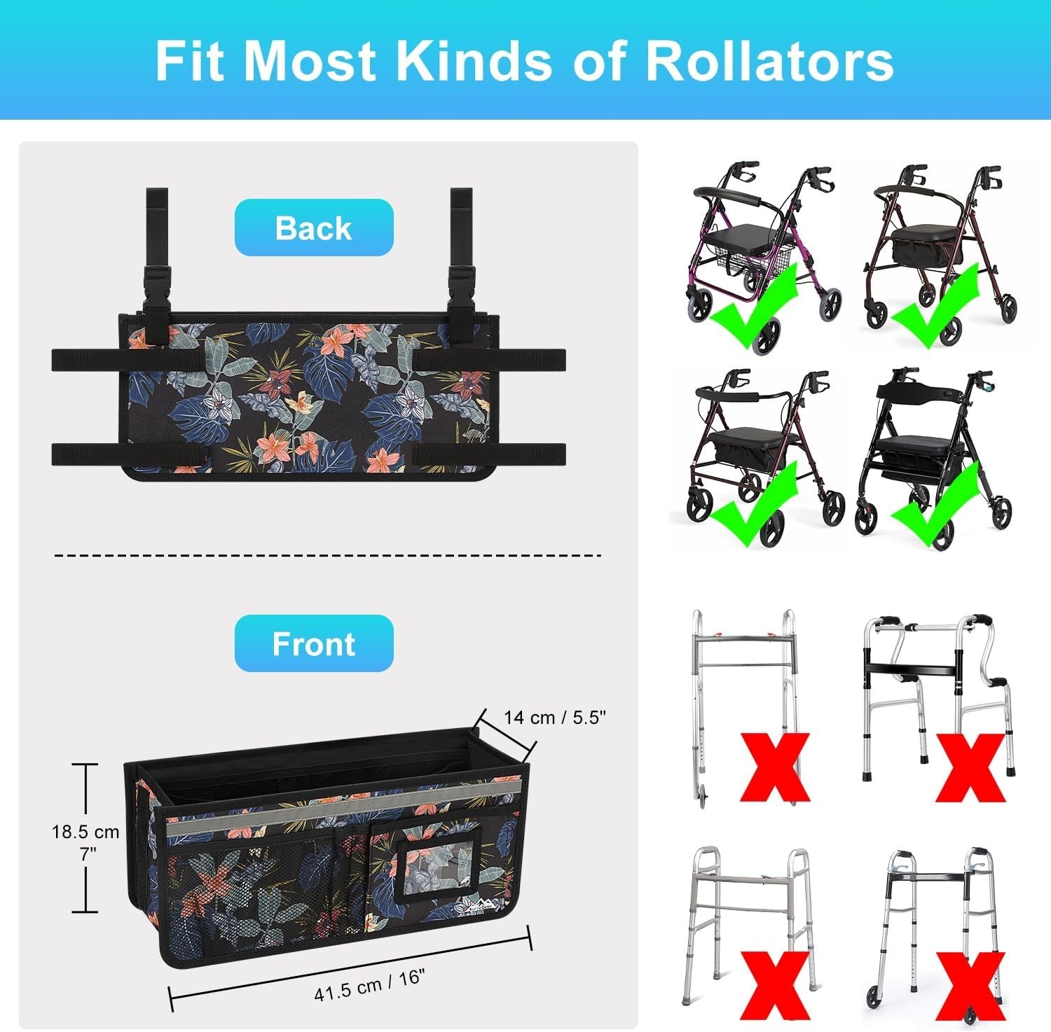 Rollator Basket, Rollator Walker Bag w/Cup Holder, Foldable Rolling Walker Wa...