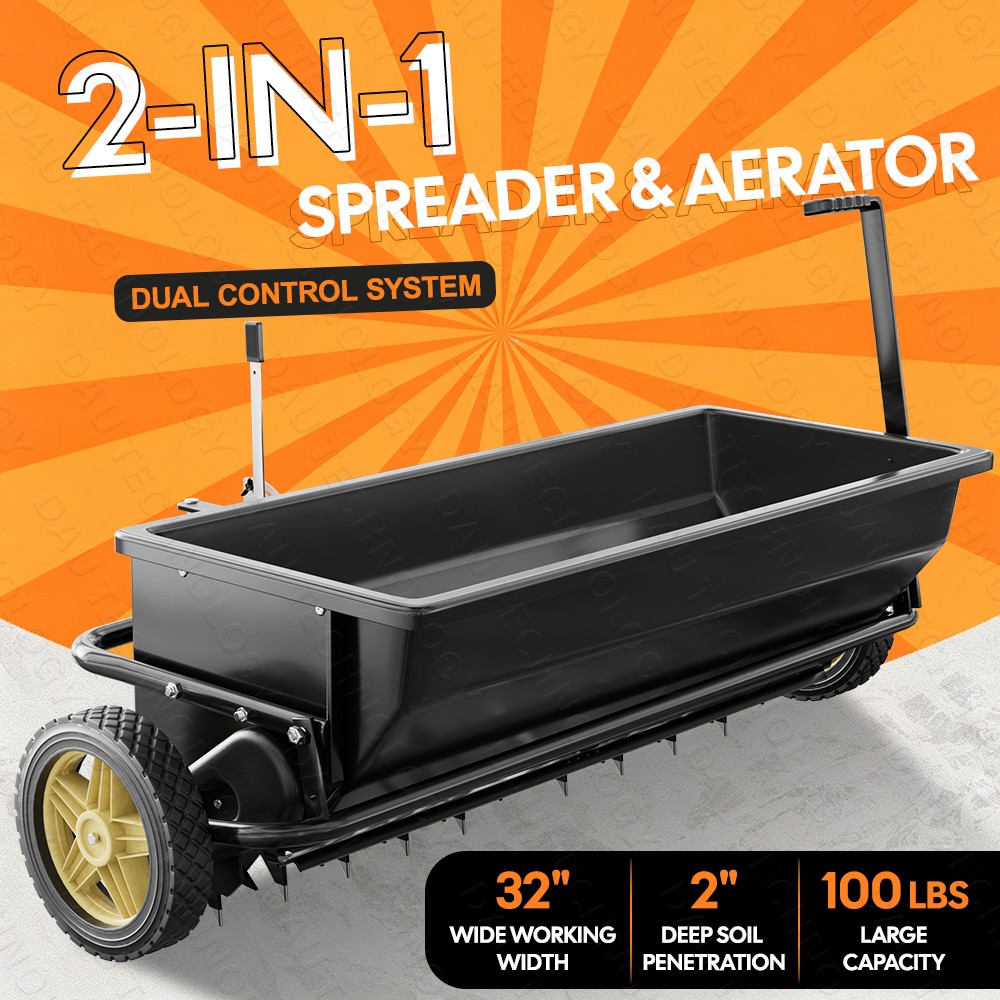 32" 2-in-1 Tow Behind Spreader & Aerator 100lbs Broadcast Spreader w/10" Tires