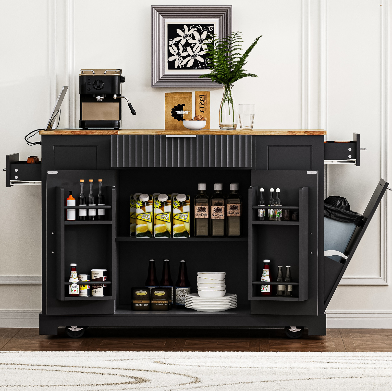Fluted Kitchen Island with Trash Can Storage 5 Wheels 3 Drawer Power Outlet