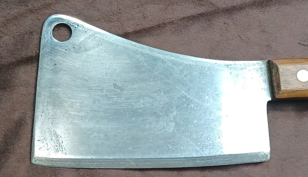 Vtg Very Nice Well Balanced 5.5" Carbon Steel Cleaver, W/ Wood Scales, Unbranded