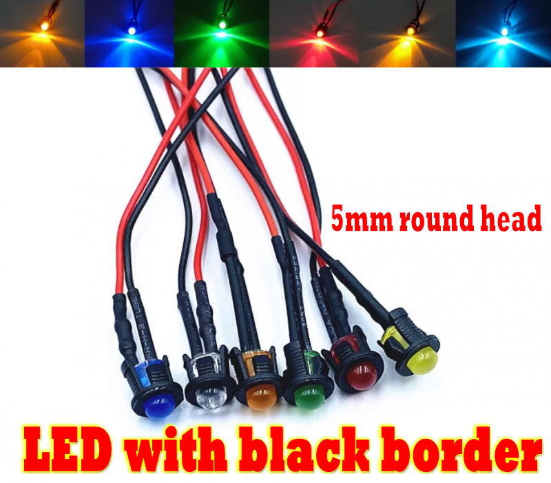 1pcs Coloured 5mm LEDs 3v 5v up to 220v with Black Bezels Pre wired 20cm Light
