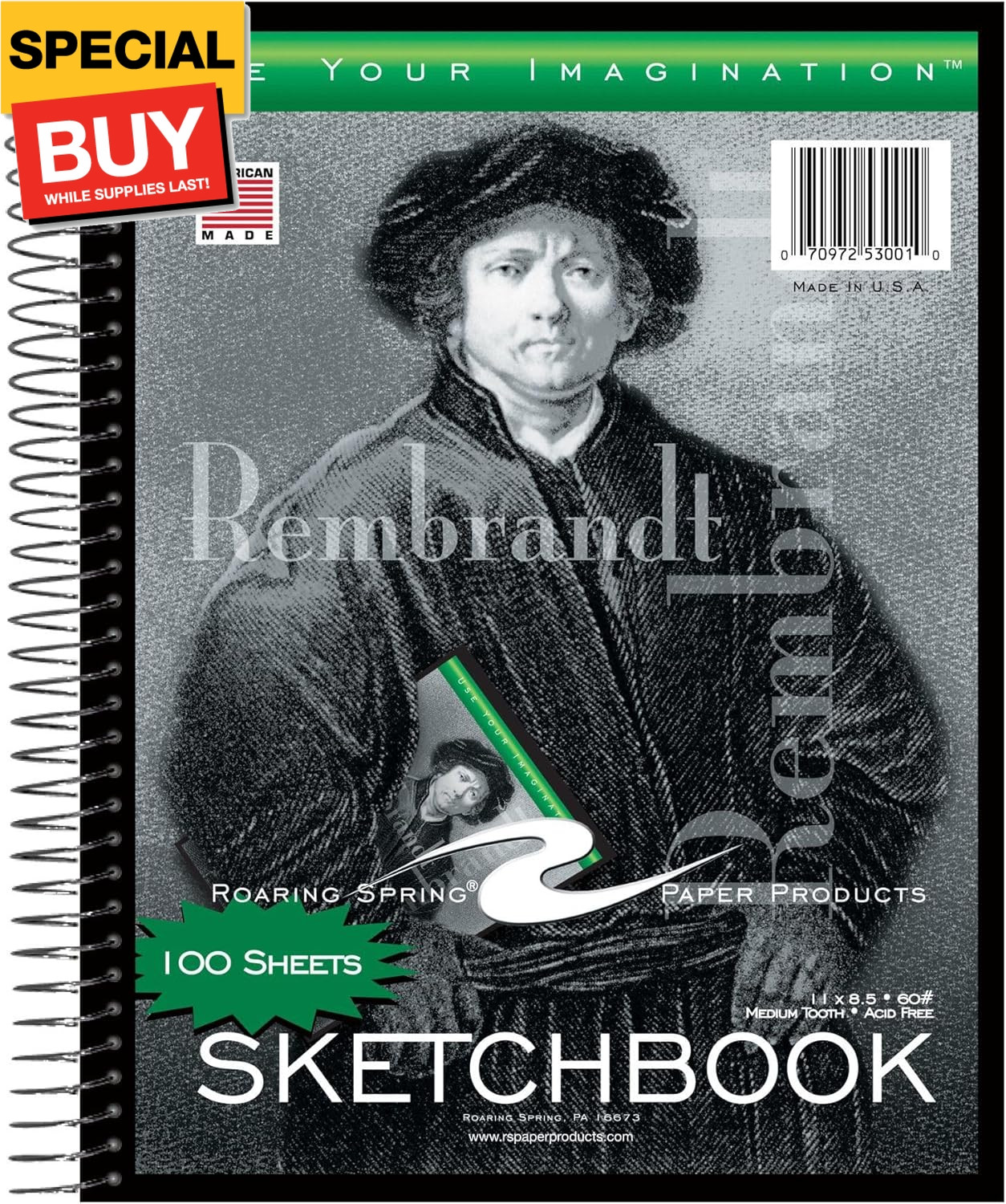 "Rembrandt" Sketchbook, 11" x 8.5", 100 Sheets of Heavyweight 60 lb. White Drawi