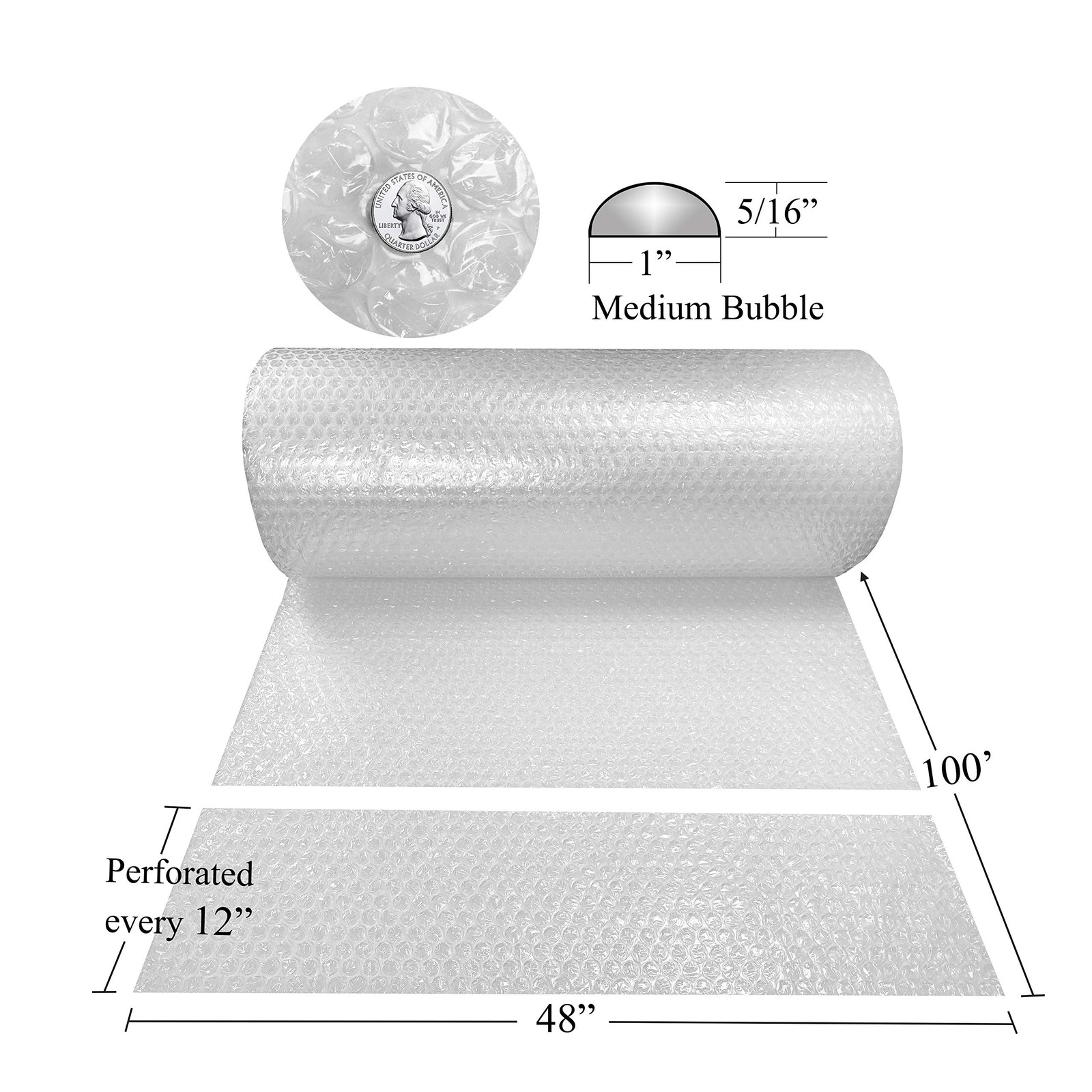 Bubble Cushioning Wrap Roll 48"x100ft - Medium 5/16" Bubbles, Clear