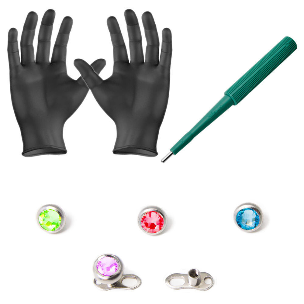 Dermal Anchor Piercing Kit  14G 4mm Top Gems Dermal Bases Puncher And Gloves 8pc