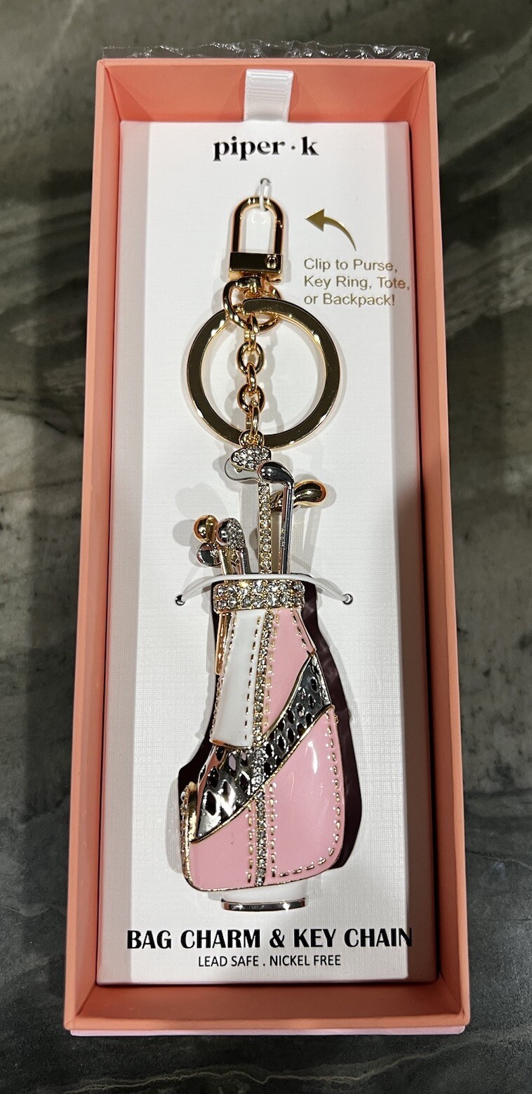 Piper-K Golf Bag Clubs Key Ring Chain Gold Tone Multi-Glass Stones Crystals New