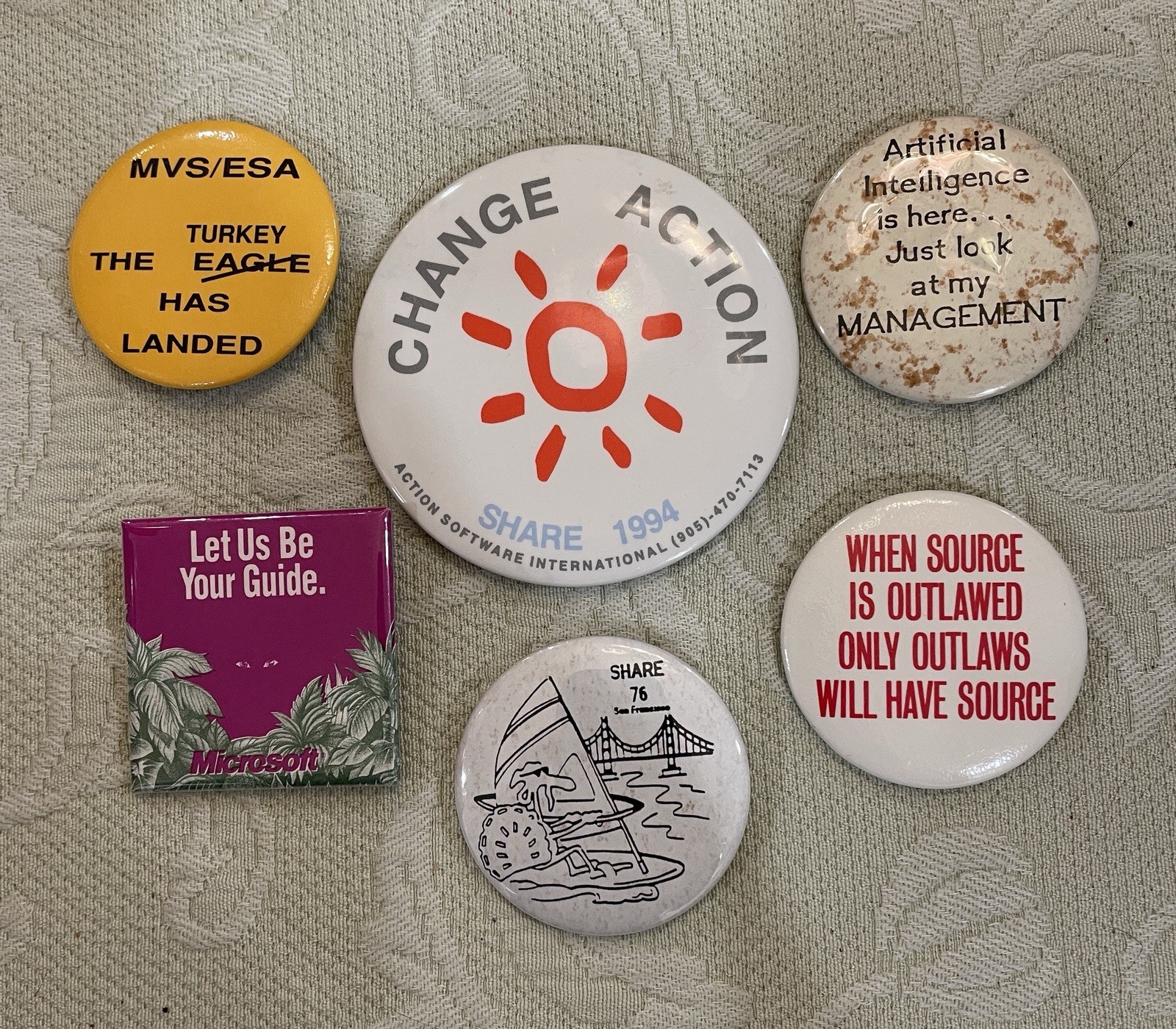 Lot of 6 - Vintage 1990’s - Computer Tech IT Related Button Pins Share/User