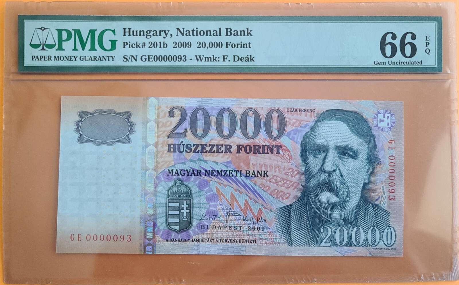 Hungary 20,000 Forint 2009 P201b UNC / PMG GEM66EPQ / Low # 93