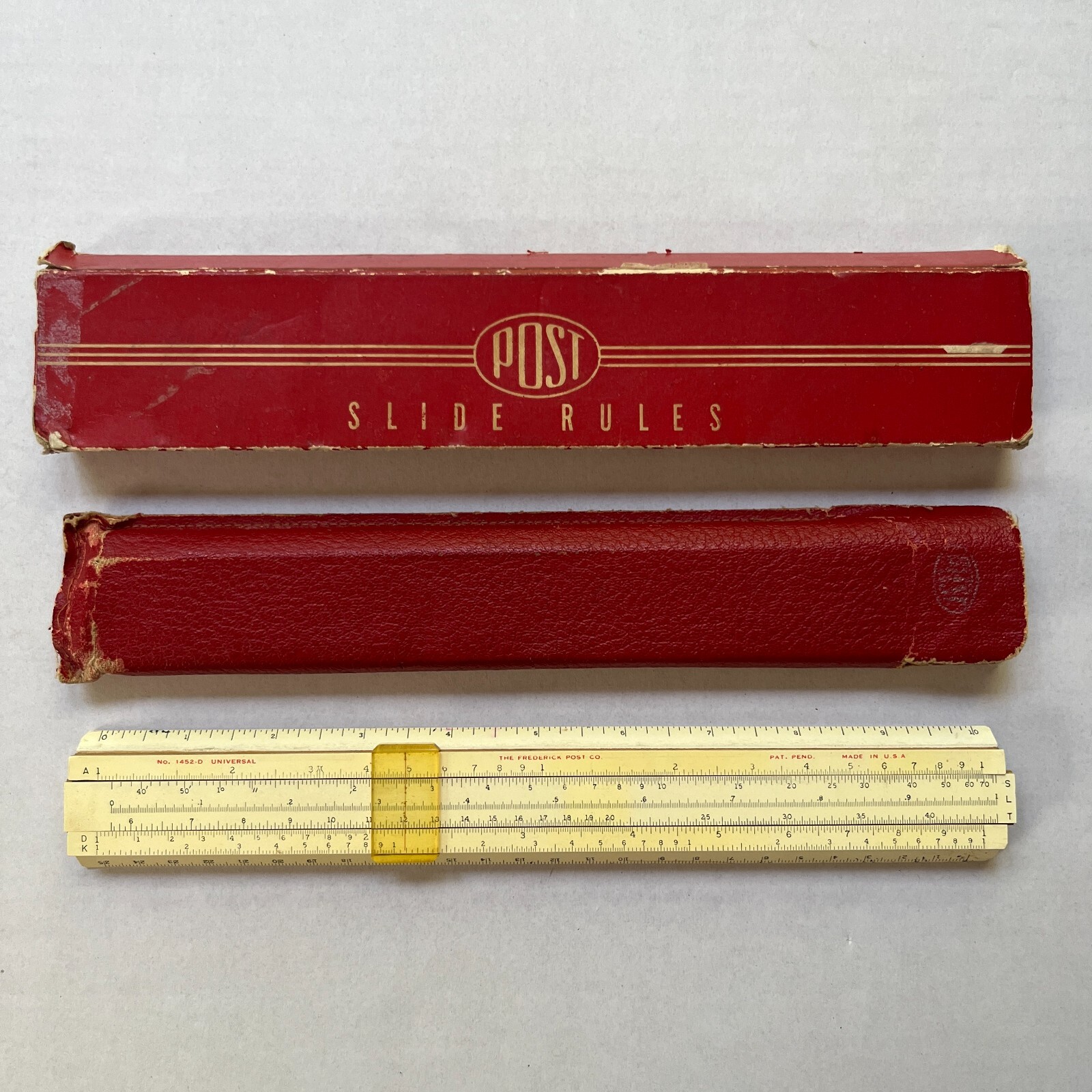 Vintage Slide Rule Frederick Post Model 1452-D Universal Red Case USA Engineer