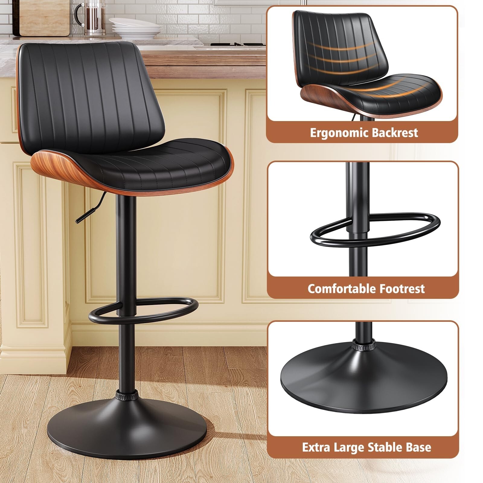 Pre-Owned Bar Stools Set of 2 Swivel Adjustable w/PU Leather Back Kitchen Black