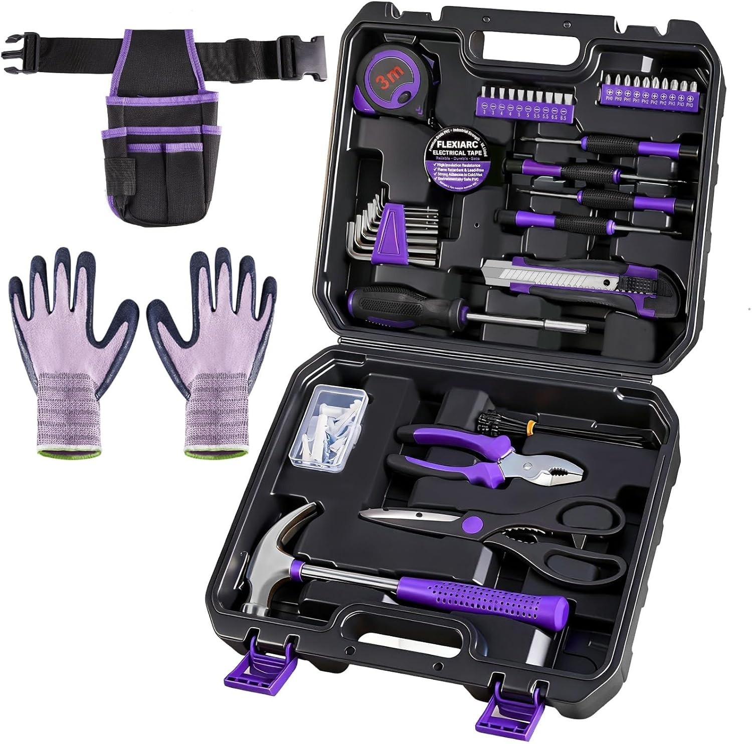 General Household Tool Set Purple Hand Tool Kit W/ Waist Pouch & Gloves Tool Kit