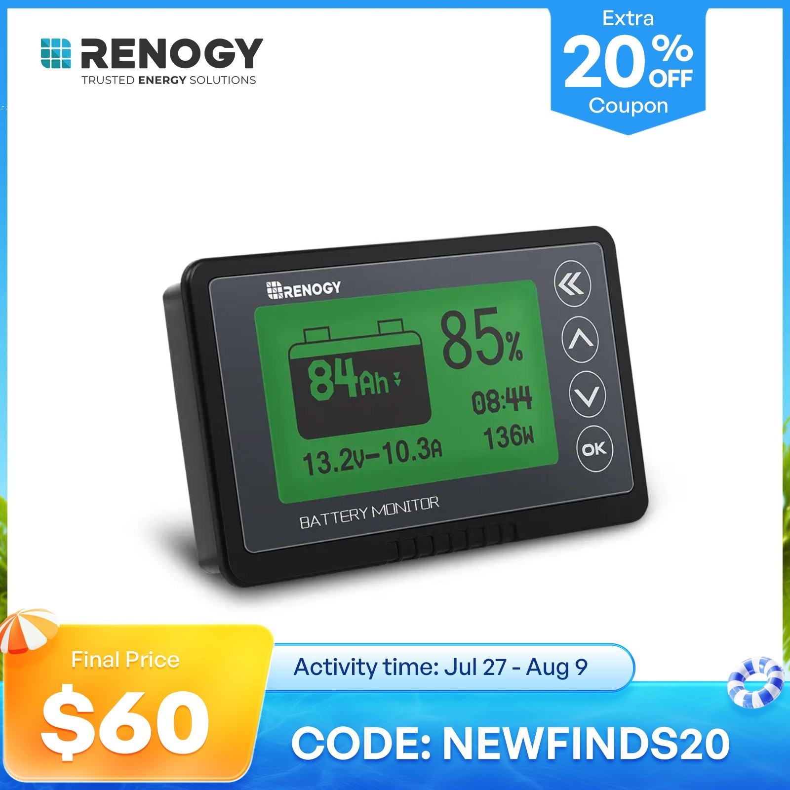 Renogy 500A Battery Monitor w/ Shunt Voltage Programmable Alarm 12V Tester