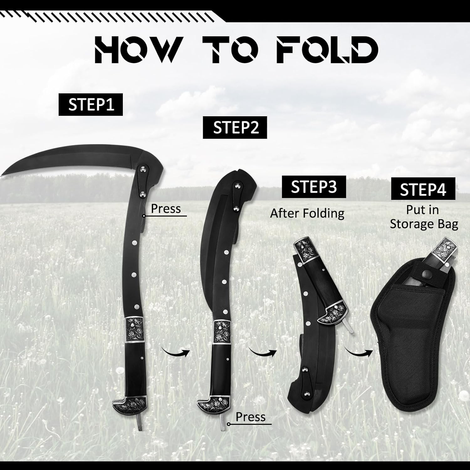 WILLBOND Black Sharp Folding Sickle Garden Tool Portable Safety Grass Hand Sickl