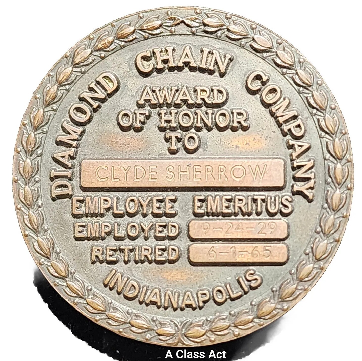 RARE 1965 Diamond Chain Company Award Of Honor Medal Indianapolis, IN. OUR T7441