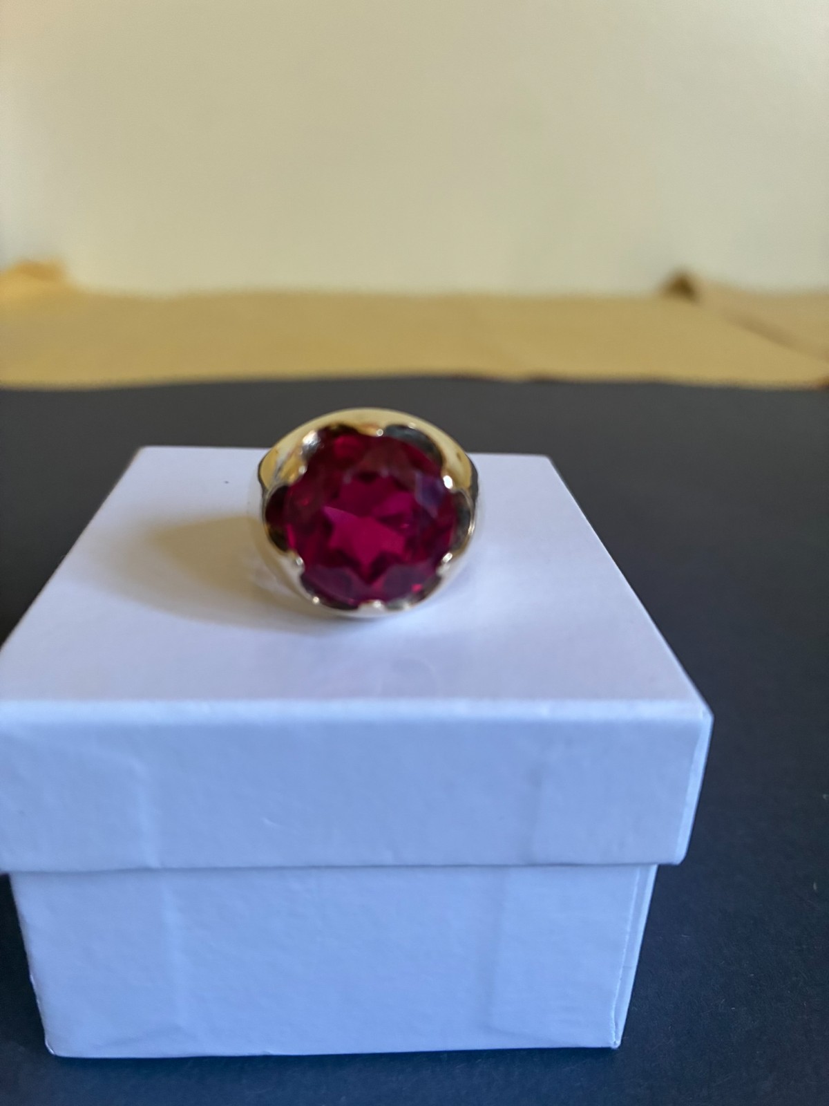 Men's 10K Gold Ring + Lab Created Ruby/Garnet Stone (Preowned)