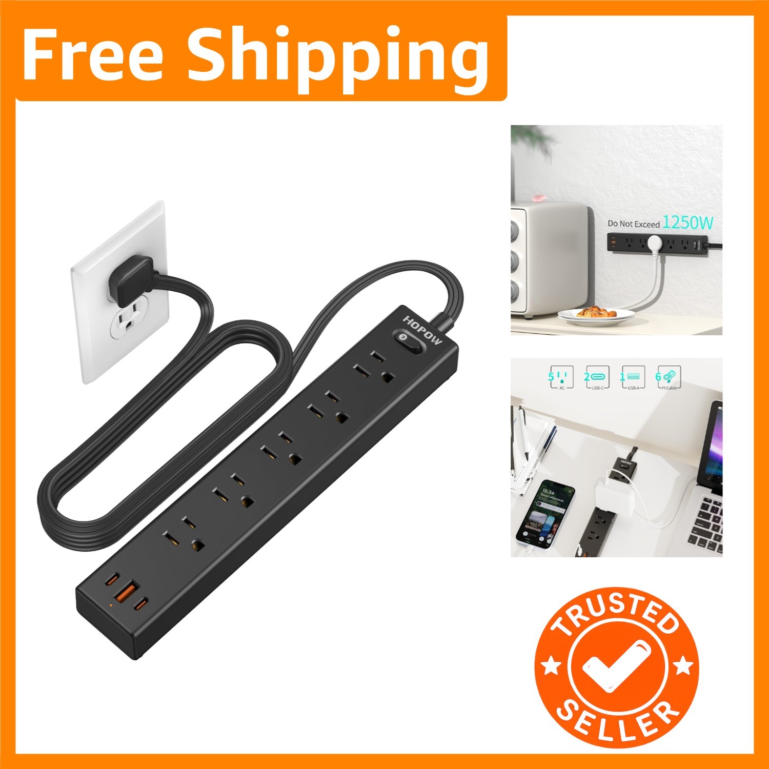 Slim 6 Ft Flat Plug Power Strip with 5 Outlets & 3 USB Ports - Surge Protected