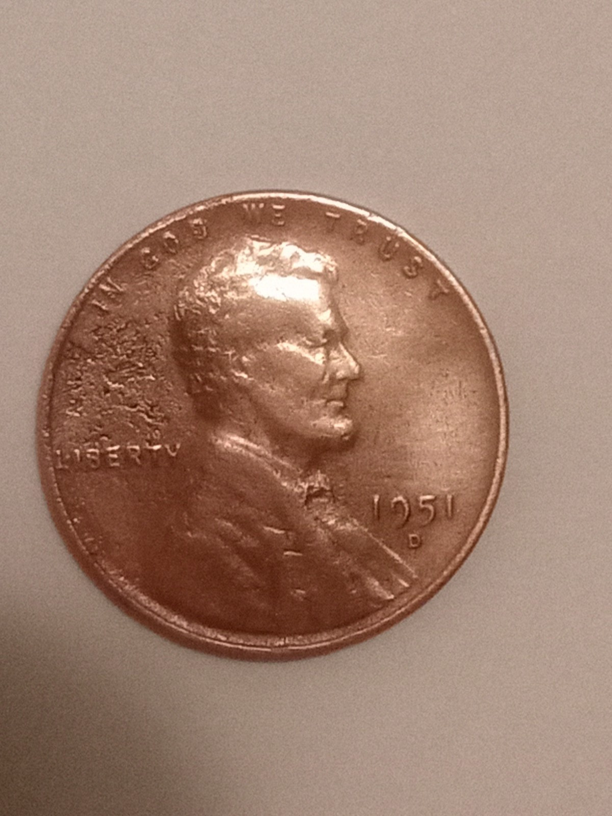 1951 d wheat penny, red, #3, die crack error, quantity=1