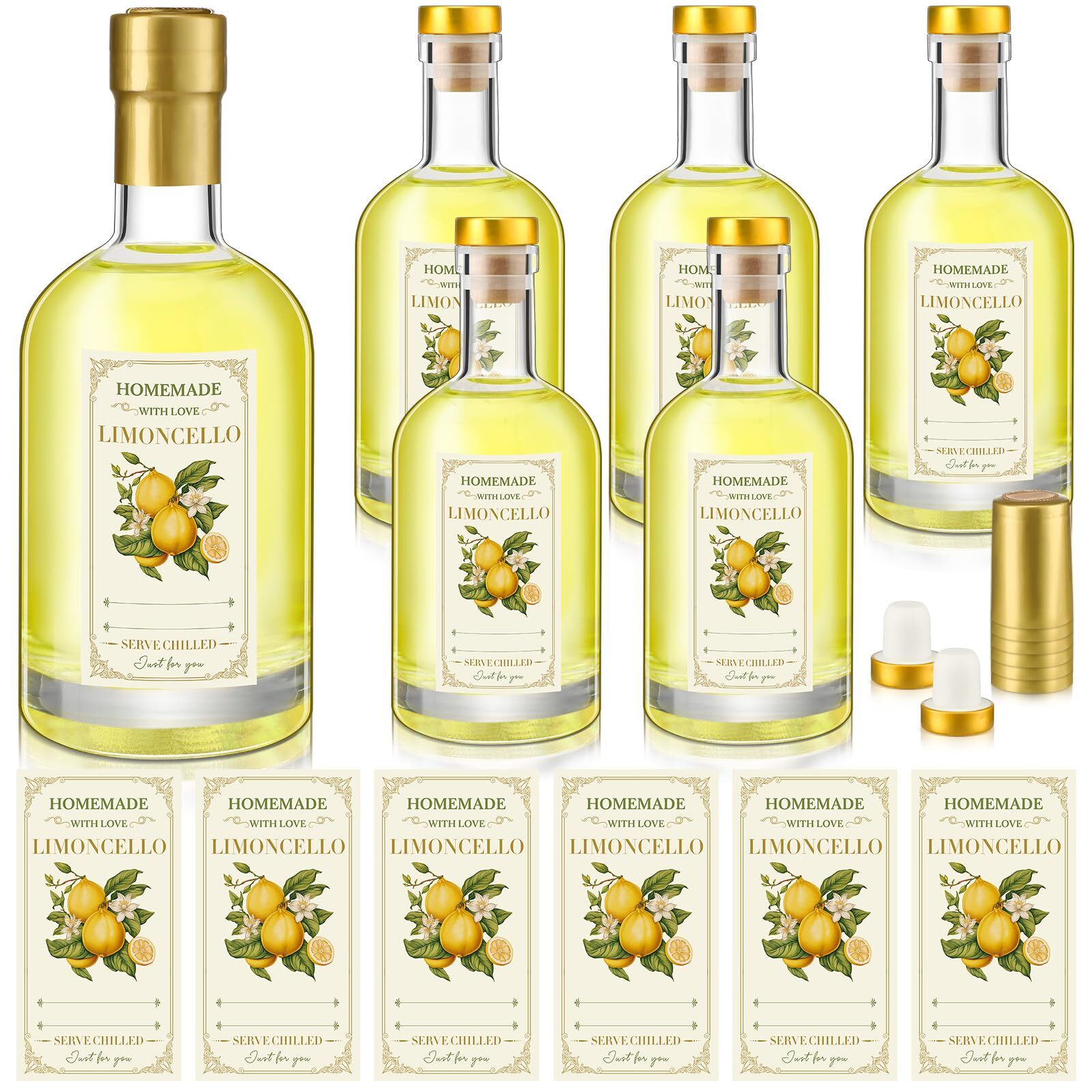 6 Set Clear Glass Bottles for Limoncello Homemade 12.7 oz Heavy Base Glass Bo...