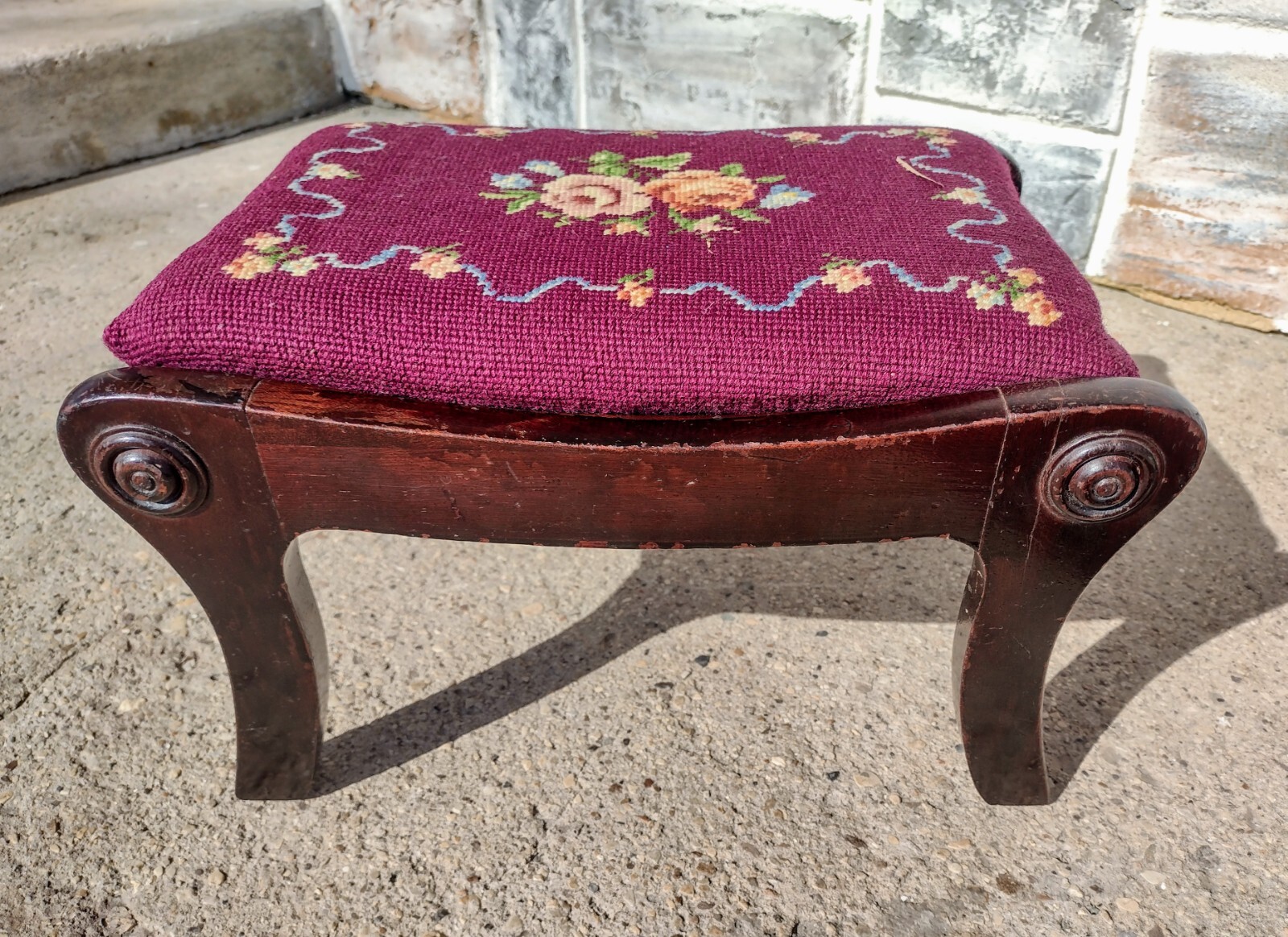 Antique Mahogany Foot Stool w/ Carved Rosettes, Maroon Floral Needlepoint Top