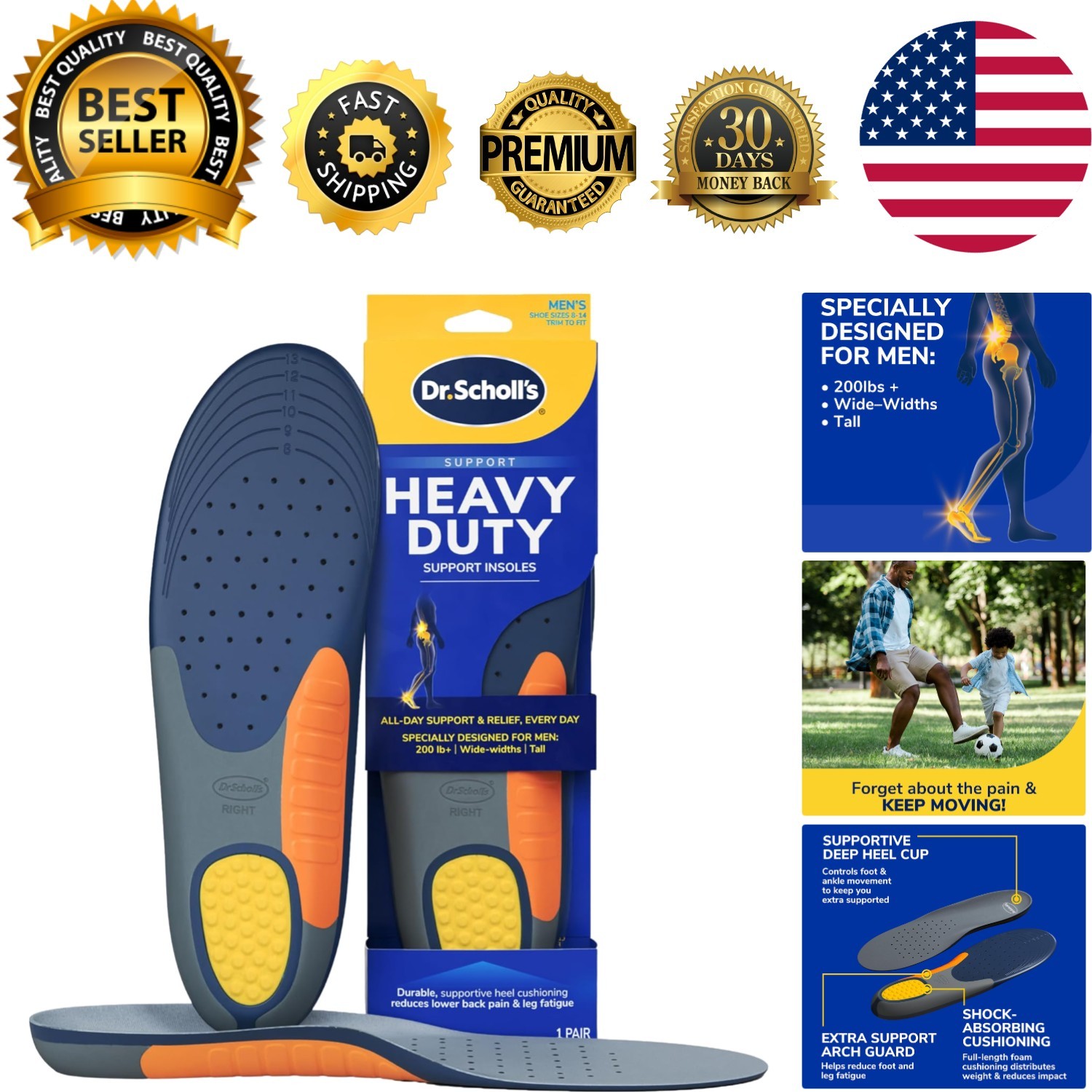 Shock Absorbing Orthotic Insoles for Big & Tall Men, Foot Pain Relief