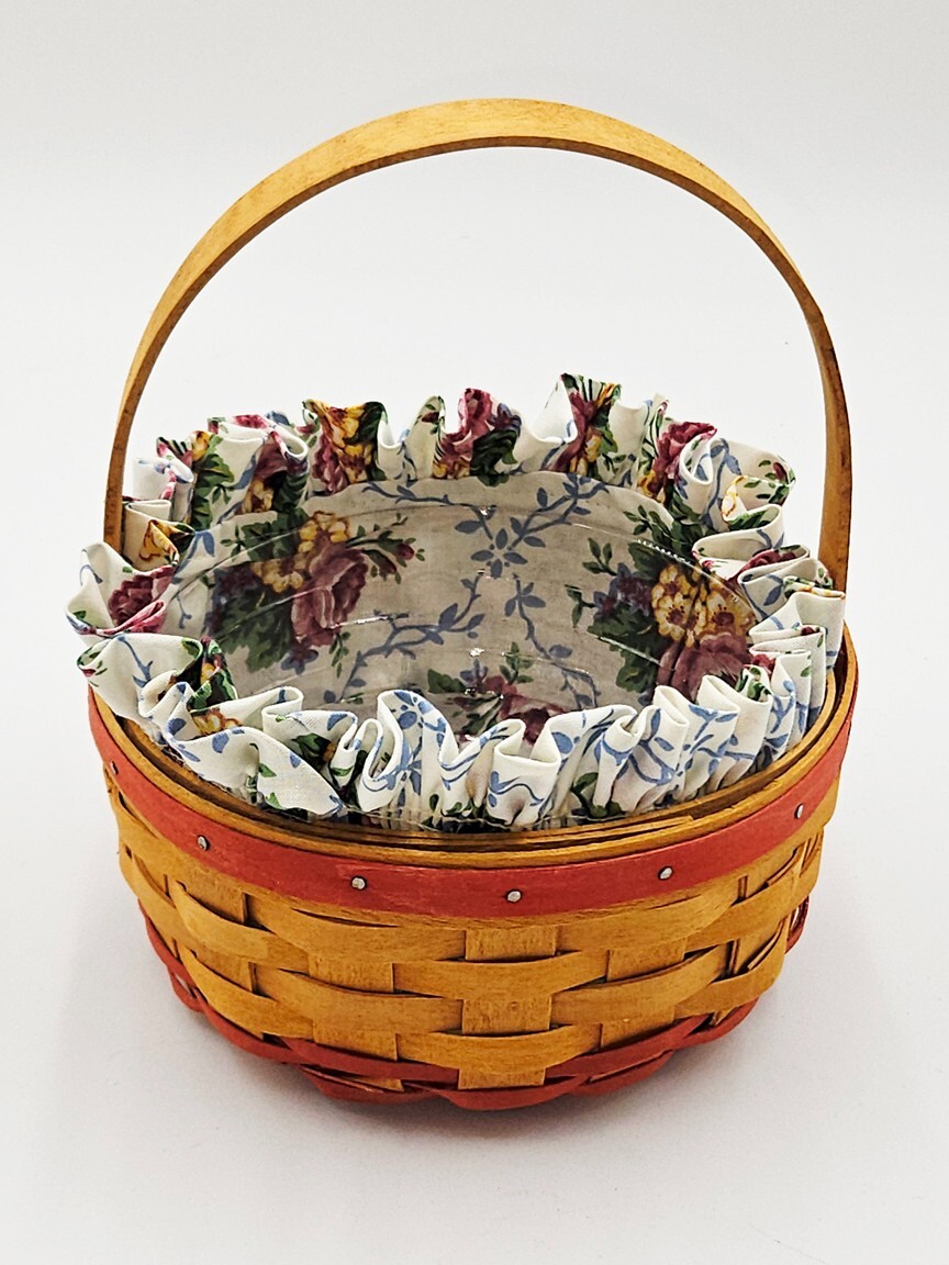 Longaberger Round Basket Red Band Floral Fabric and Plastic Liners