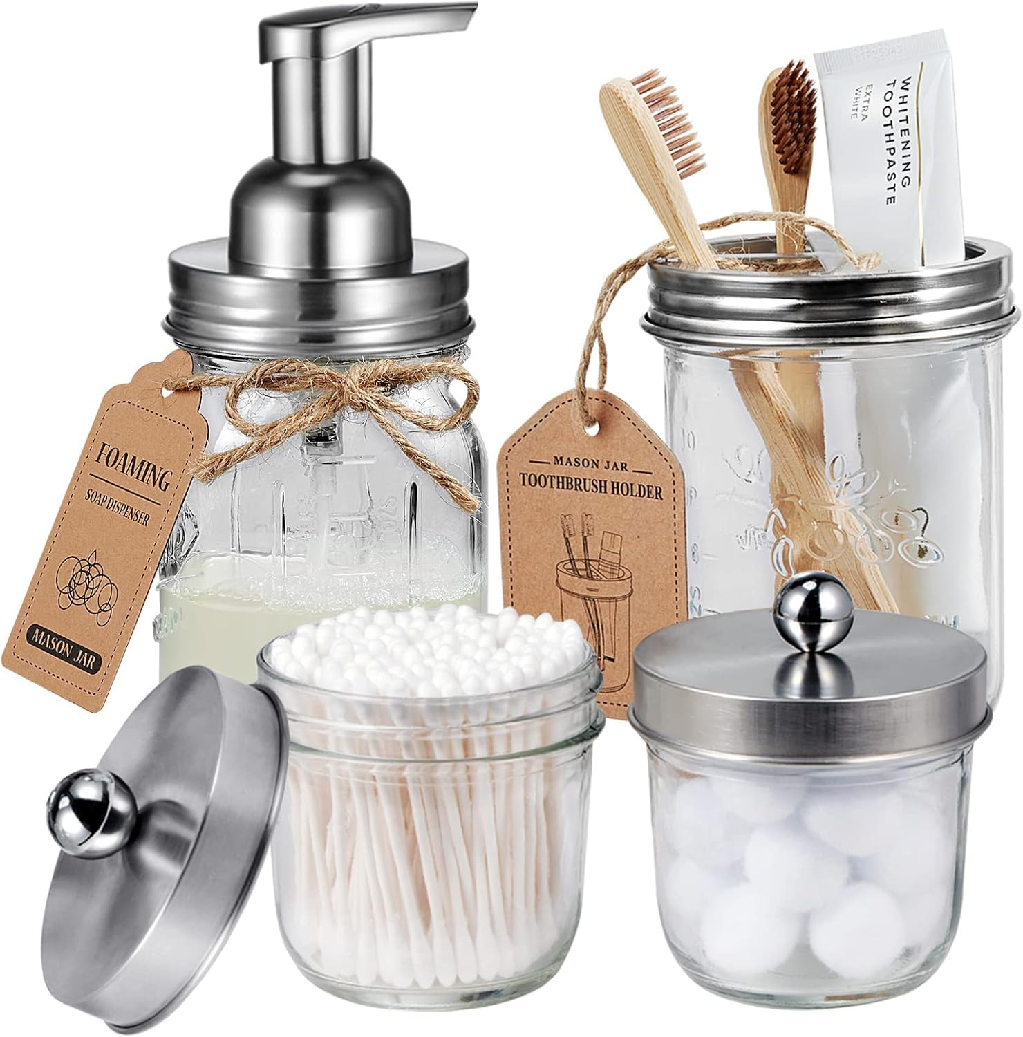 4-Pack Mason Jar Bathroom Accessories Set - Wide Mouth Rustic Farmhouse Decor