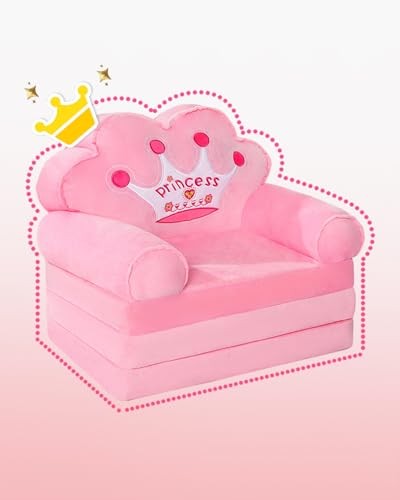 Kids Couch Fold Out, Foldable Princess Chair for Toddlers 1-3, Kids Pink
