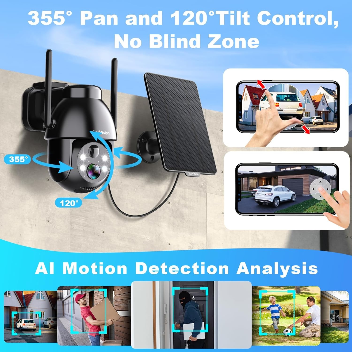 Solar Security Cameras Wireless Outdoor, 2K PTZ WiFi 3MP Indoor Security Camera