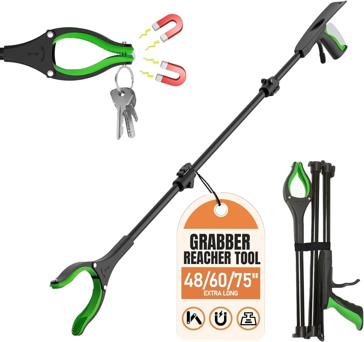 Extra Long Grabber Reacher Tool, 48 Aluminum Foldable Reacher Grabber, Dual M...