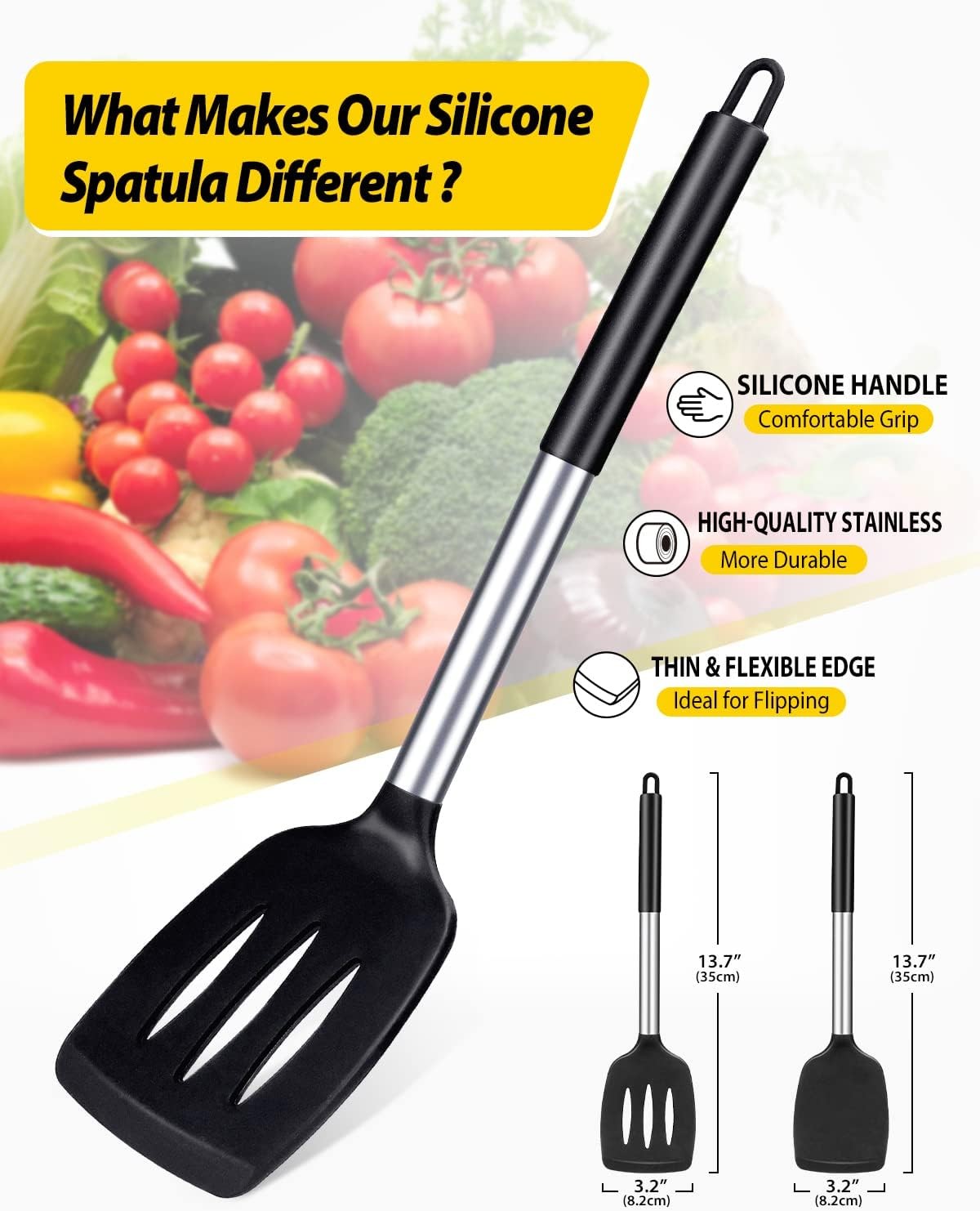Pack of 2 Silicone Solid Turner, Non Stick Slotted Kitchen Spatulas, High Heat