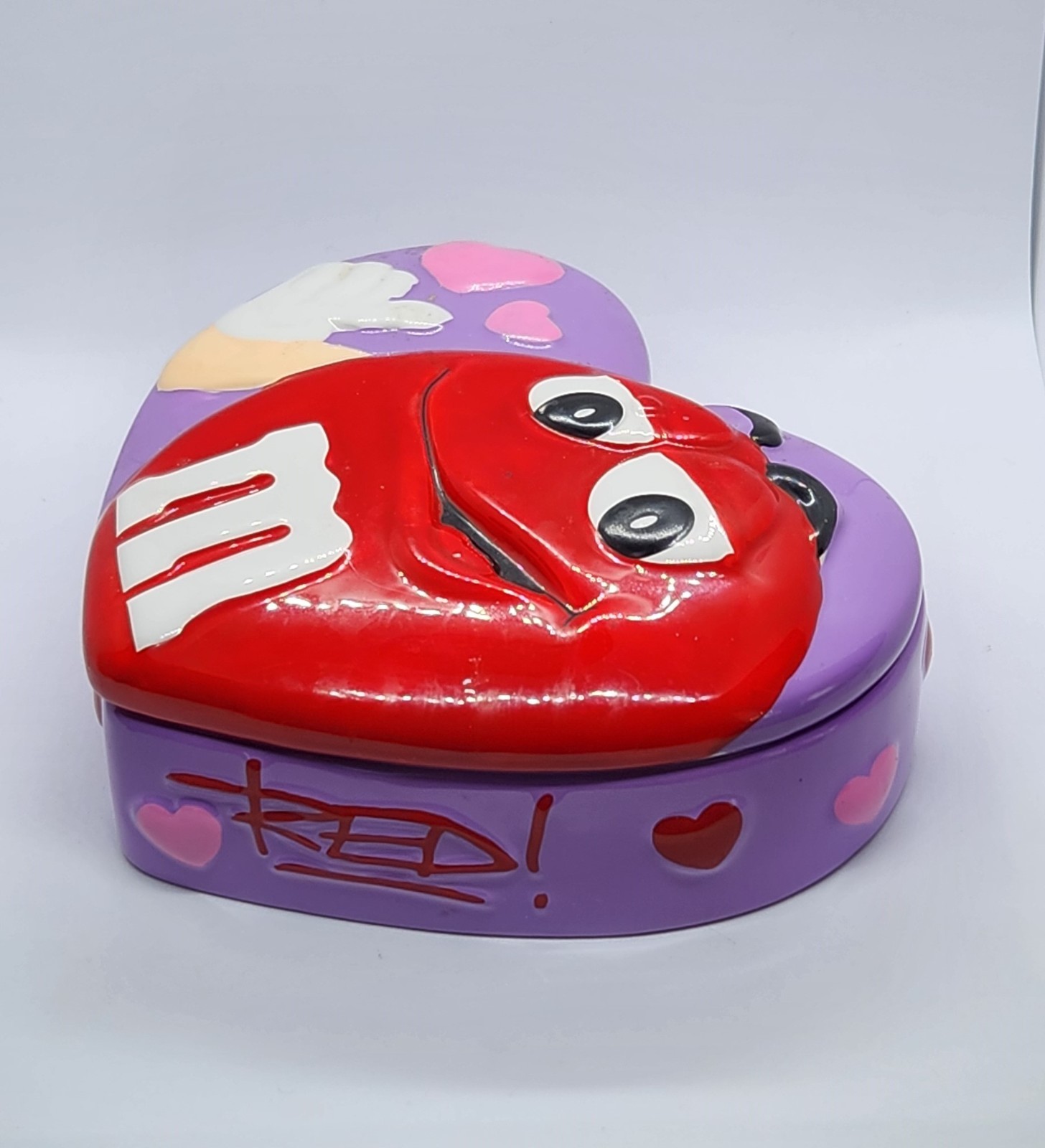 M&M's Valentine's RED on PURPLE Heart Shaped Candy Dish with Lid Ceramic