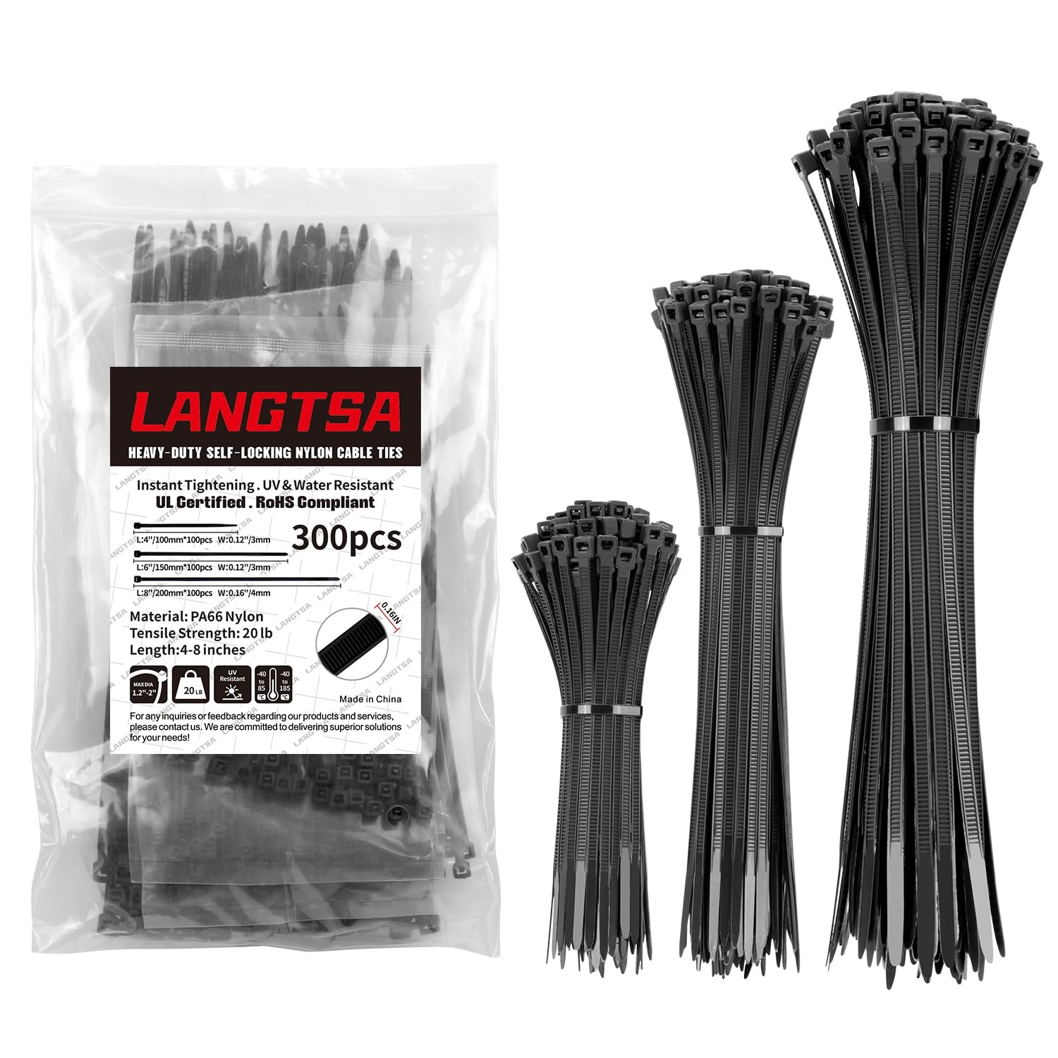 Nylon cable ties in various sizes(4+6+8 Inch) 300 Pcs,Plastic Black