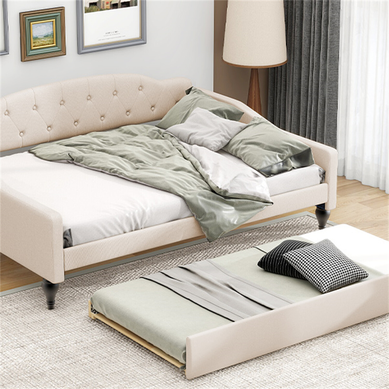 Full Size Daybed with Pull Out Trundle Bed Upholstered Bed Frame Sofa Bed Beige