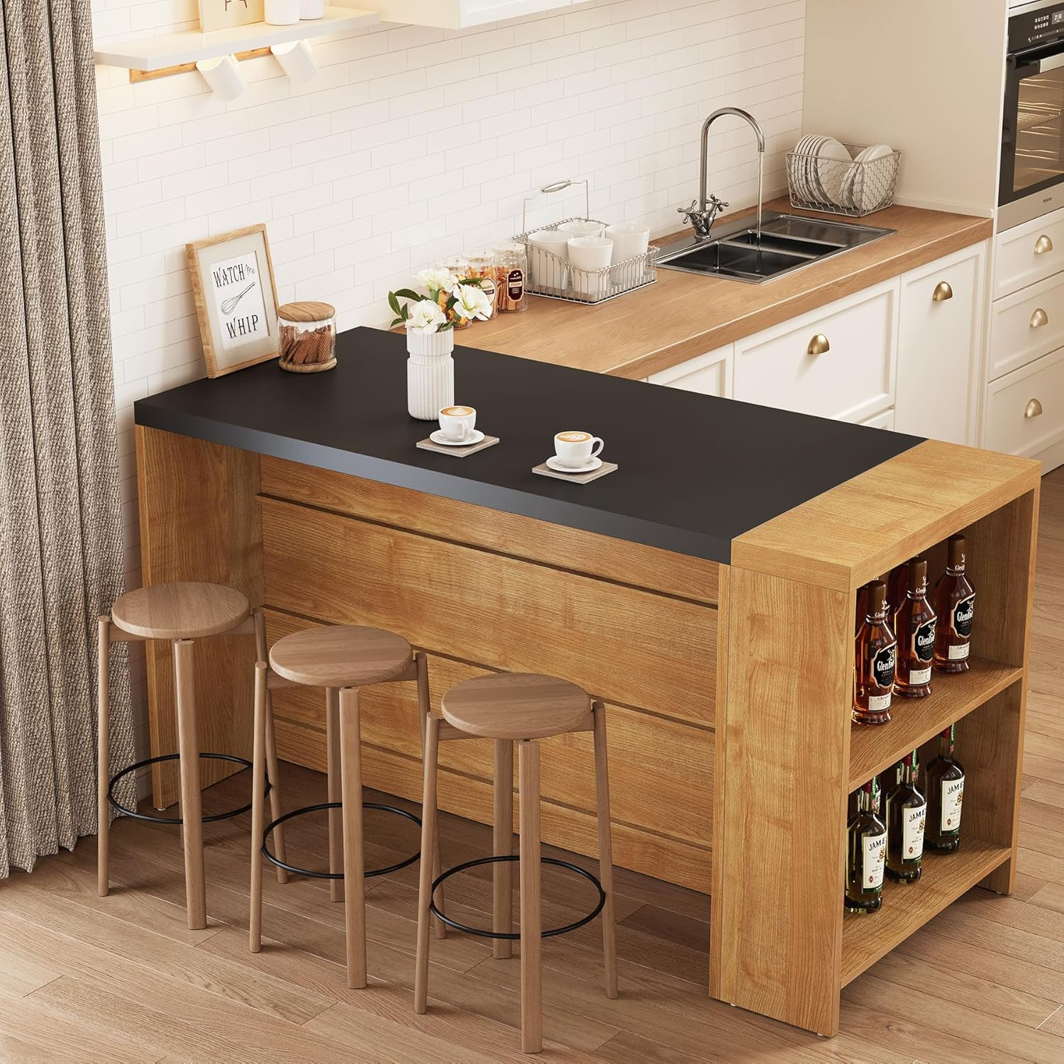 Modern 55" Kitchen Island with Storage & Large Worktop - Oak Finish
