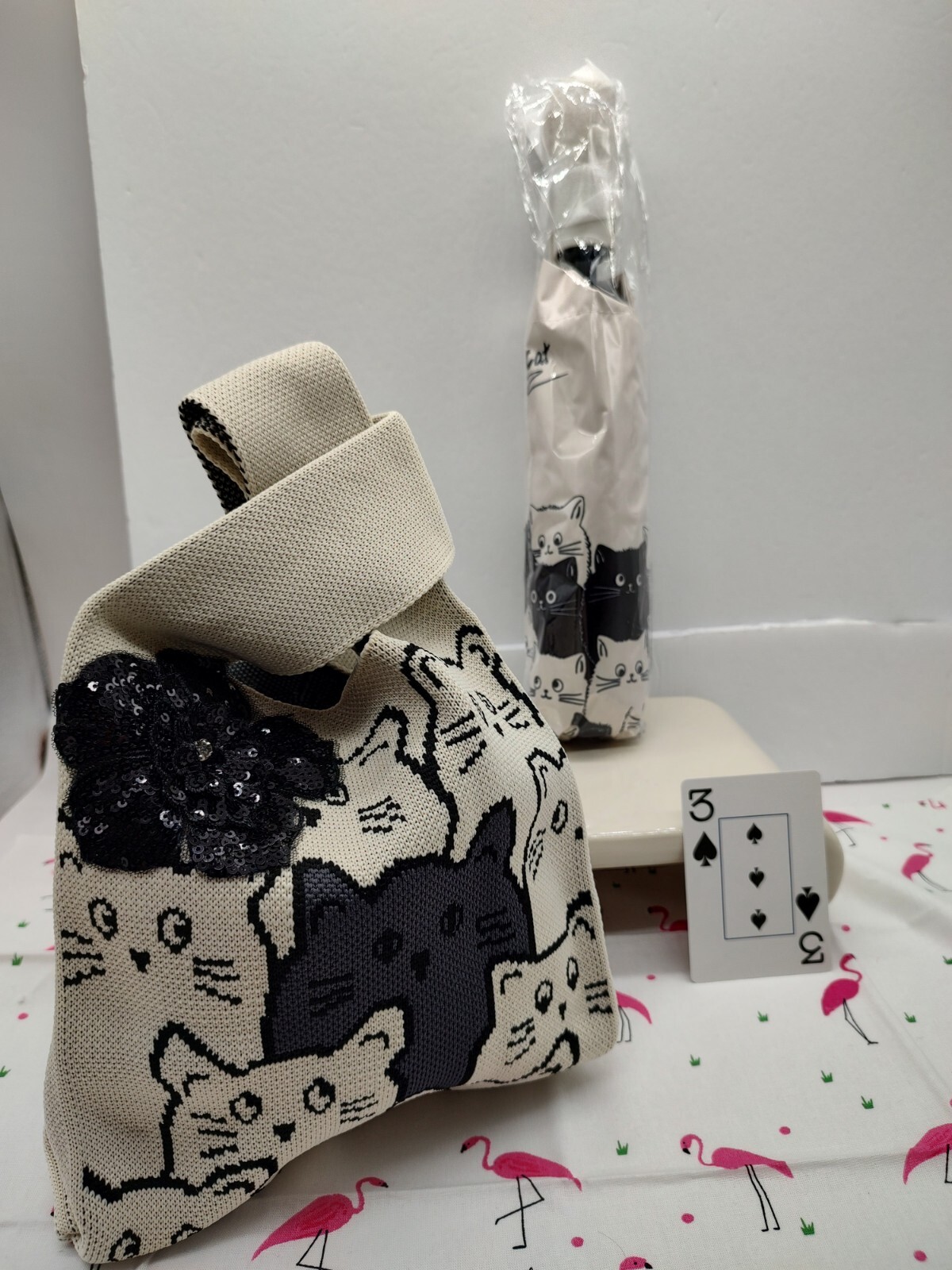 OOAK Lg Auto Sturdy Umbrella Cat Design With Matching Tote Sequin Flower  3-sp
