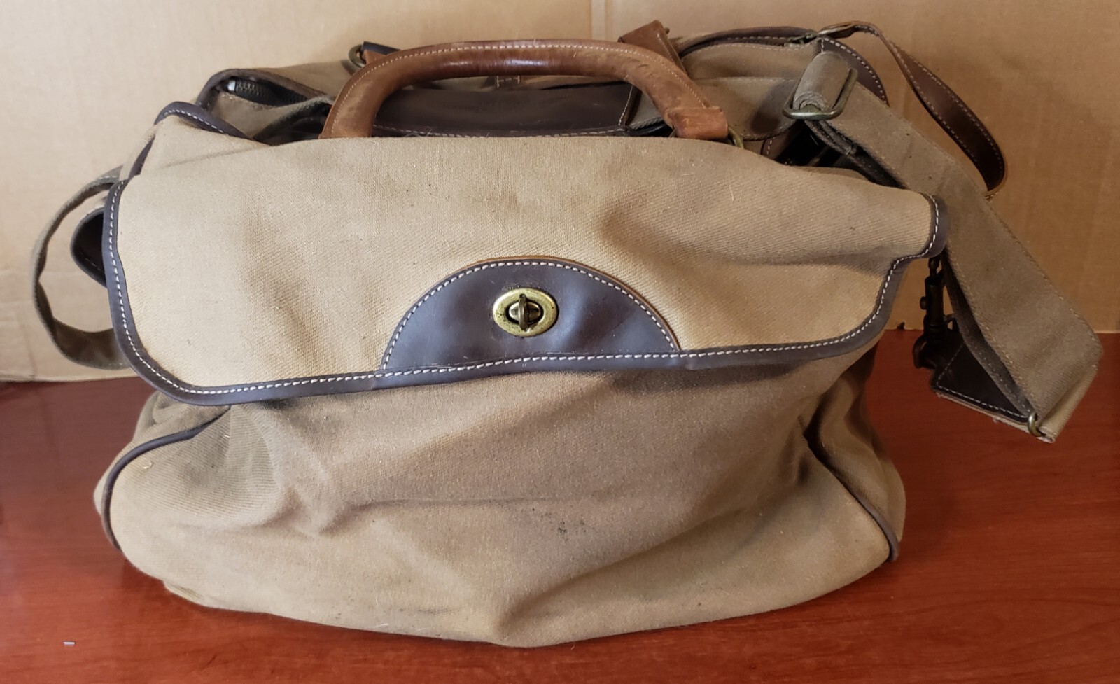 EDDIE BAUER Brown Canvas Bag Luggage Carry On Leather Handles Duffel Bag